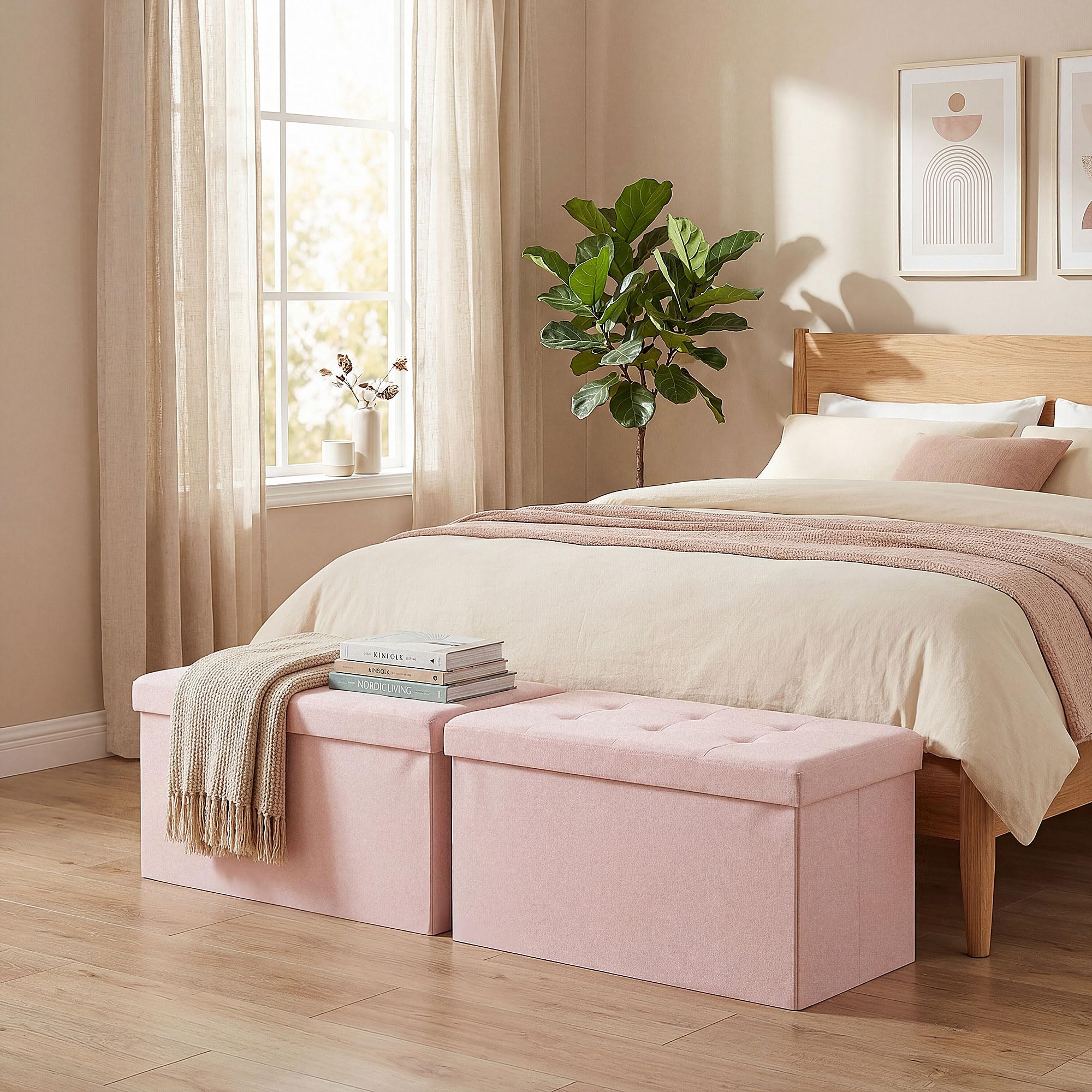 HOMCOM Puff Almacenaje, Banco Almacenaje Plegable, 84 L, 76x38x38 cm, Tapizado en Lino Sintético, Baúl de Almacenamiento, Carga 120 kg, Taburete para Sala de Estar, Dormitorio, Entrada, Rosa
