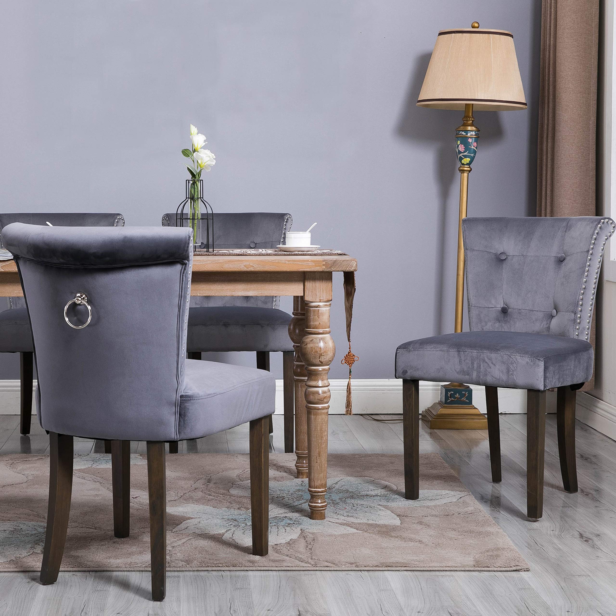 FLIEKS Dining Chairs Upholstered Tufted Parsons Chair Modern Accent Chairs with Nailhead Trim and Back Ring, Set of 2 (Dark Grey)