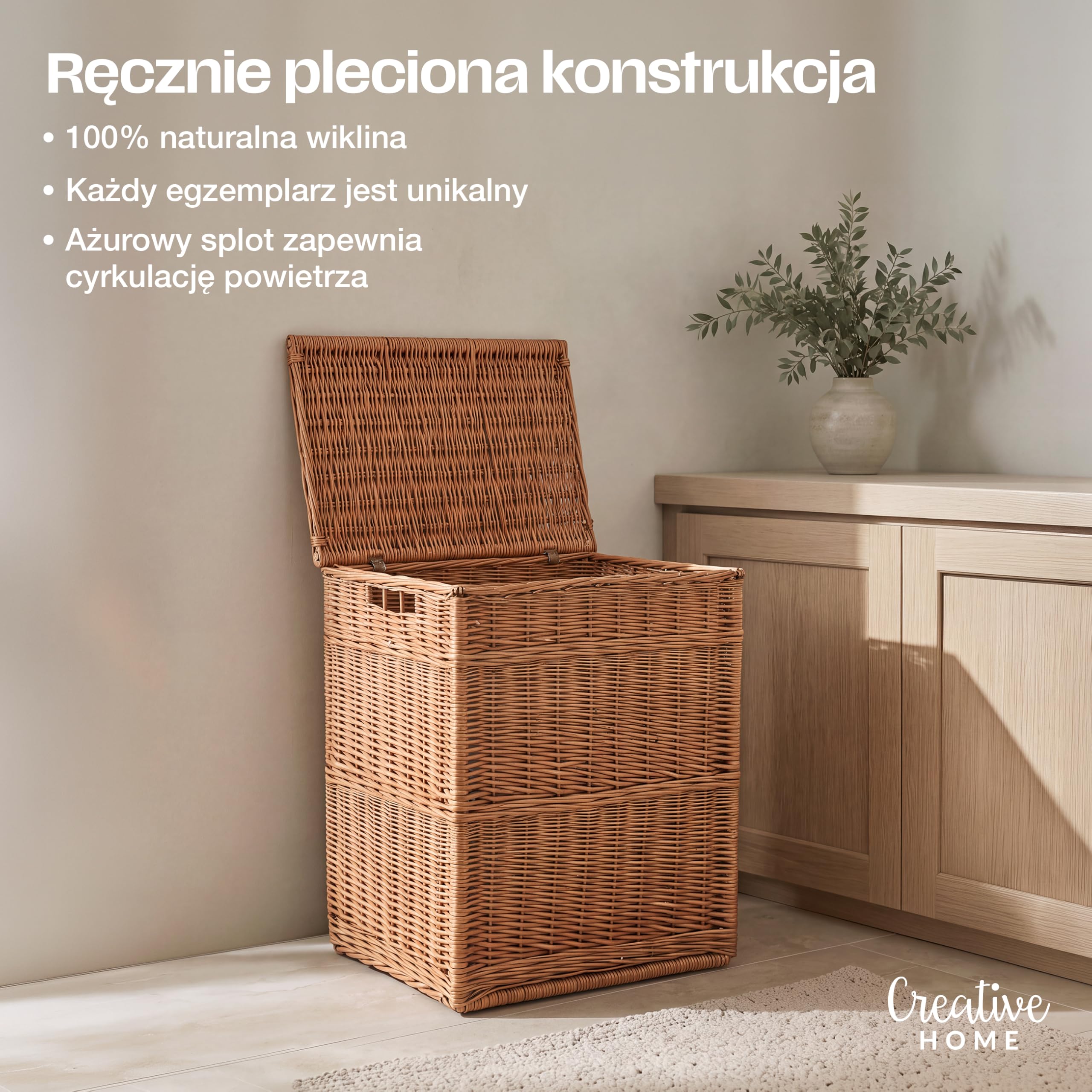 Creative Home Wiklinowy Kosz na Pranie z Pokrywą 50 x 40 x 60 cm (+/-1-3cm)