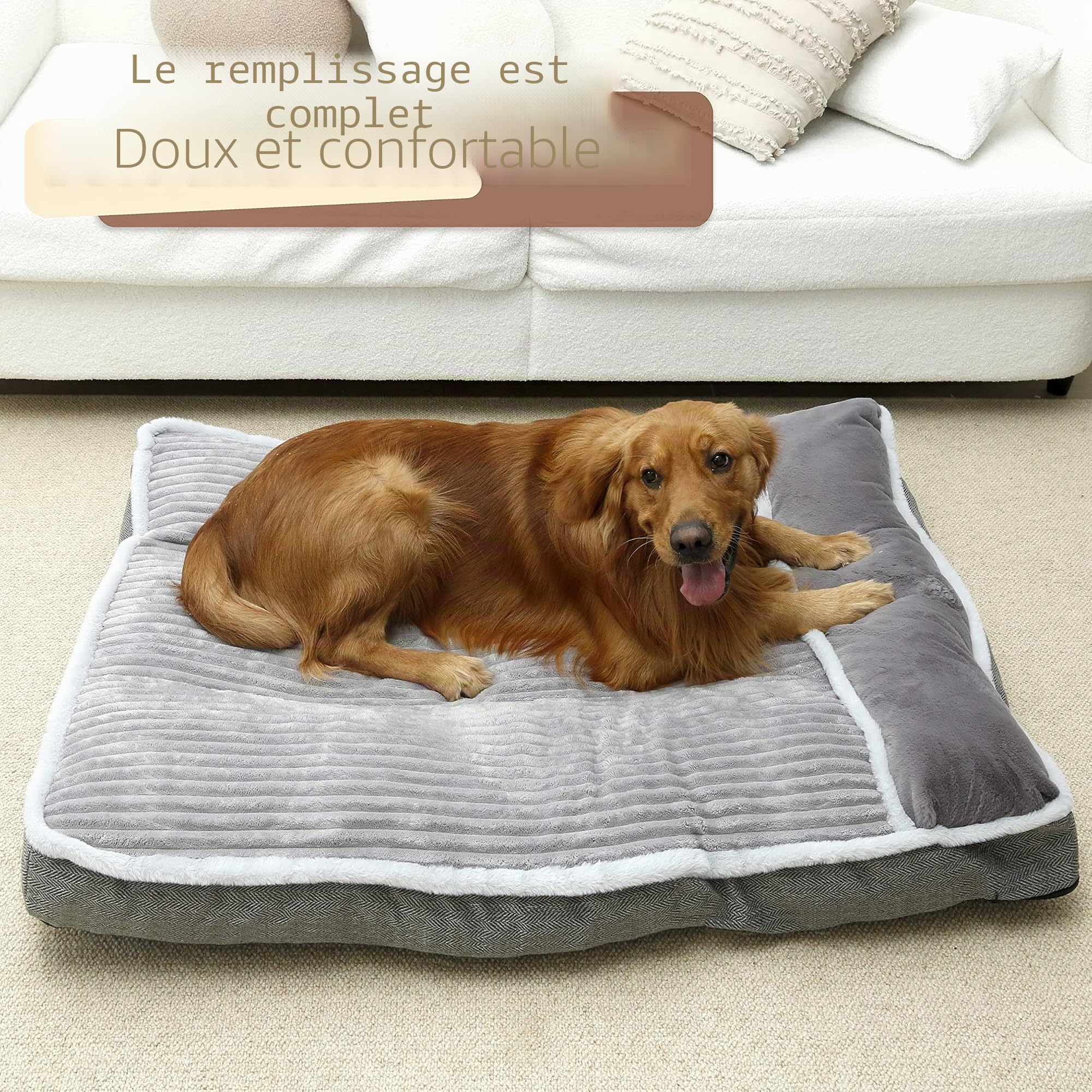 Lit pour chien de grande taille - matelas pour chien avec oreiller - pour cage et chenil - lit super doux pour chiens de petite, moyenne et grande taille, jumbo (taille XXL, gris, 116 x 76 x 10 cm)