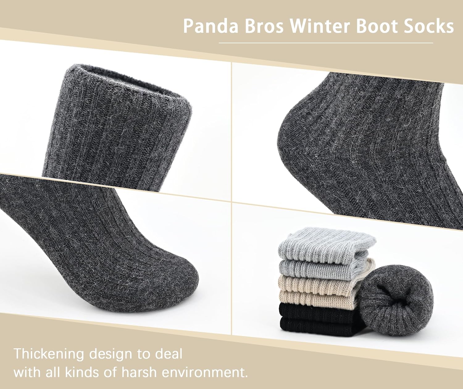 Panda Bros Wool Hiking Socks for Men & Women, Warm Winter Thick Thermal Crew Socks, Cozy Soft Boot Work Socks, 4 Pack - Image 4