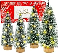 Vista 10 de 7 árboles de Navidad pequeños, cepillo para botellas, árboles de Navidad de sisal, nieve, árboles de pinos con base de madera, mesa de mesa, mini