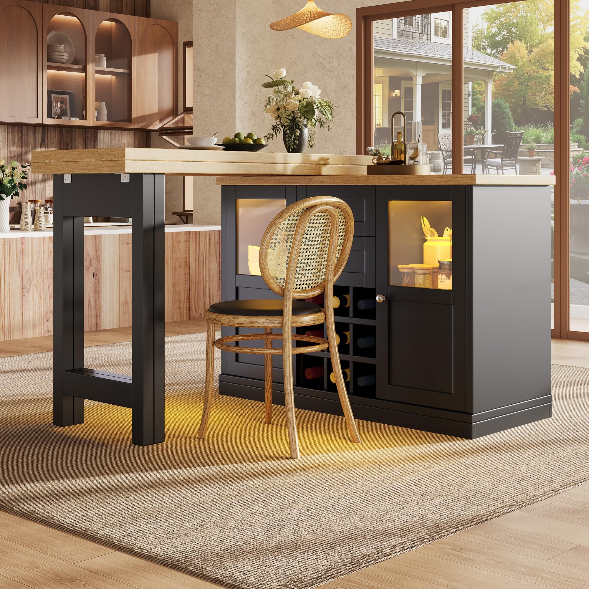 Ausziehbarer Esstisch mit 360° Drehbar und LED-Beleuchtung, Küchentisch mit Vielseitiger Stauraum, Esszimmertisch mit für 4 Personen, Schwarz-A, 197x80x74 cm(Ohne Stühle)