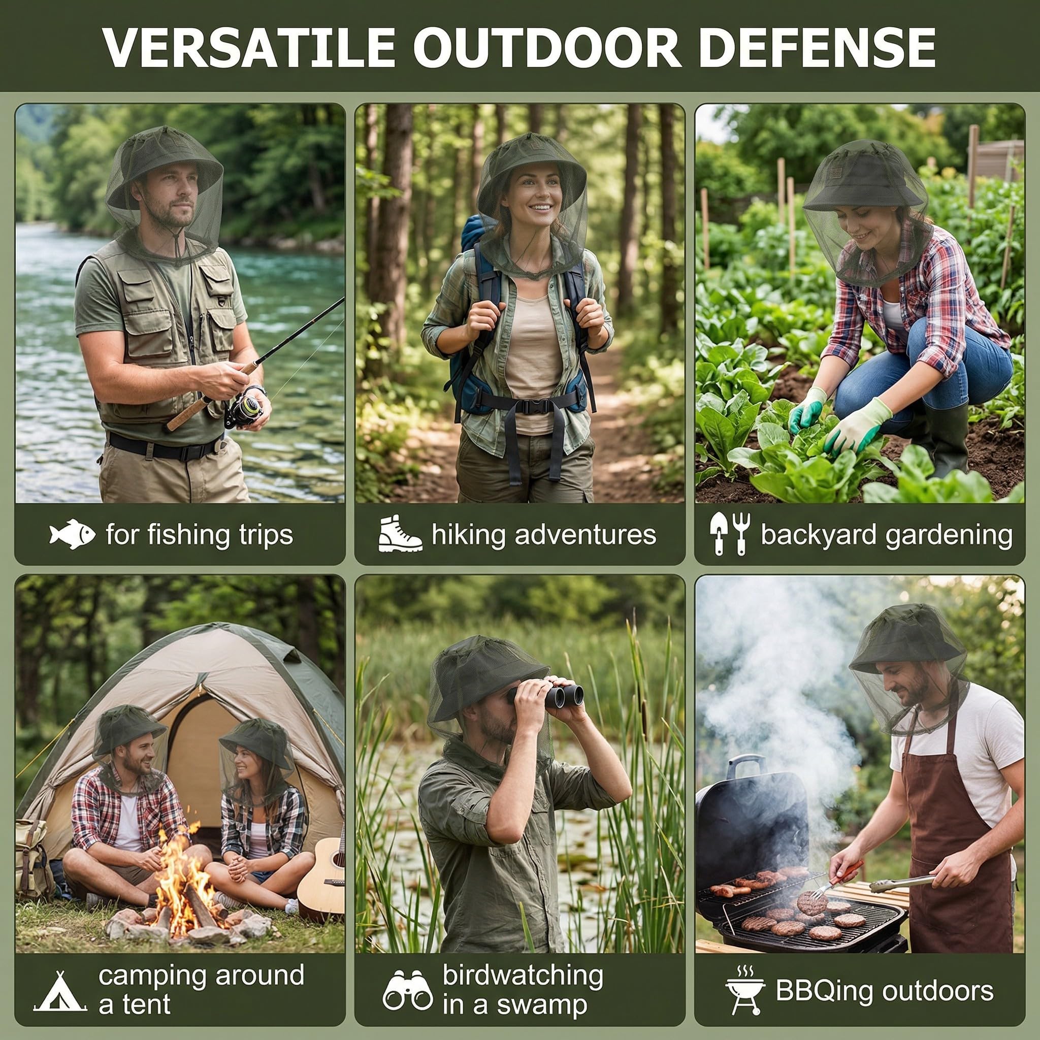 Zanzariera da Testa per Insetti (1 Pezzo), Rete Anti-Zanzare per Adulti Compatibile con la Maggior Parte dei Cappelli, Ideale per Pesca, Escursionismo e Camping Outdoor (Verde Oliva)