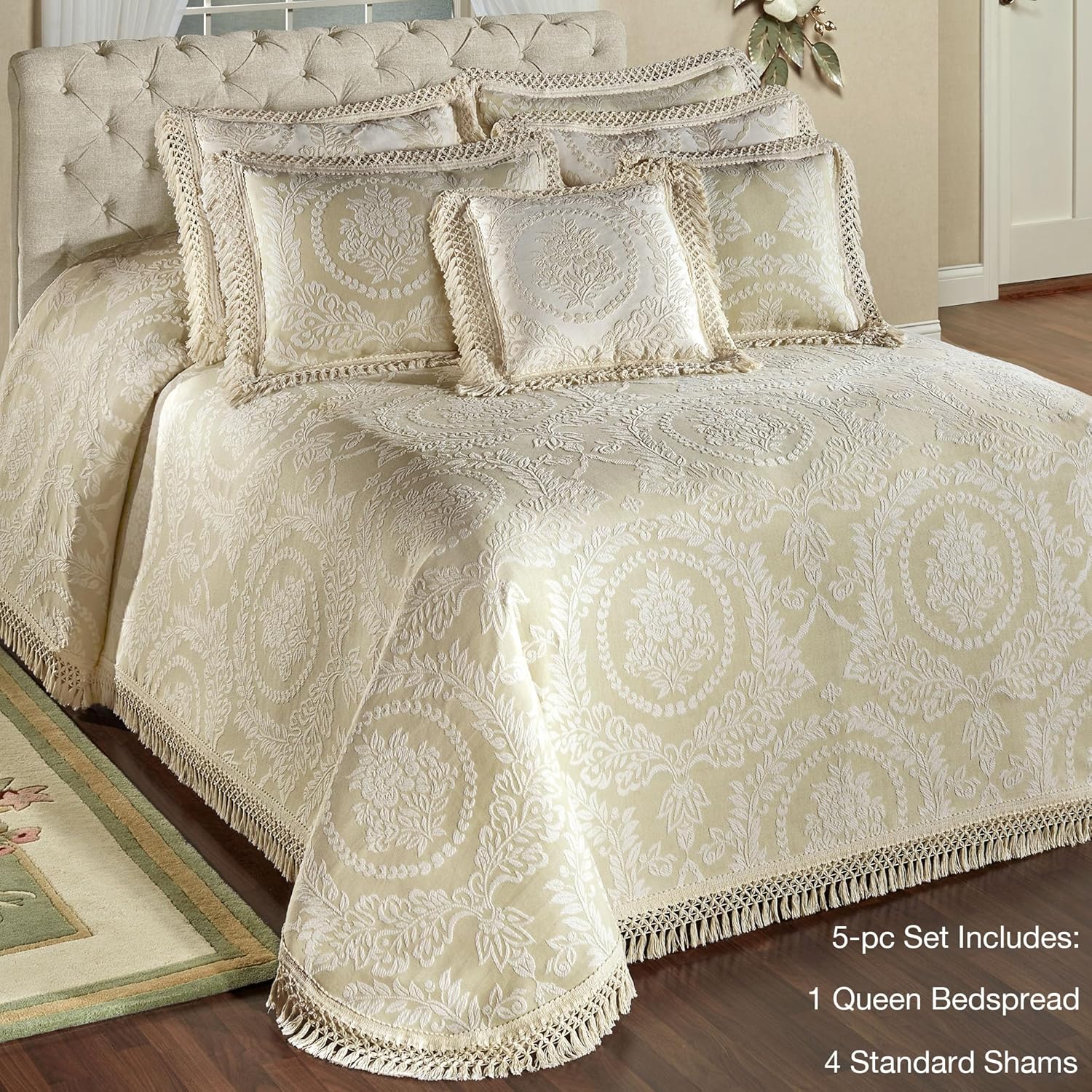Timeless Vintage Style Bedding with Fringe Edges | Neutral Sage and Ecru | Textured Matelasse Rose Medallions and Leaves | 5-Pc Lightweight Bed Set: Oversized Queen Bedspread & 4 Standard Pillow Shams