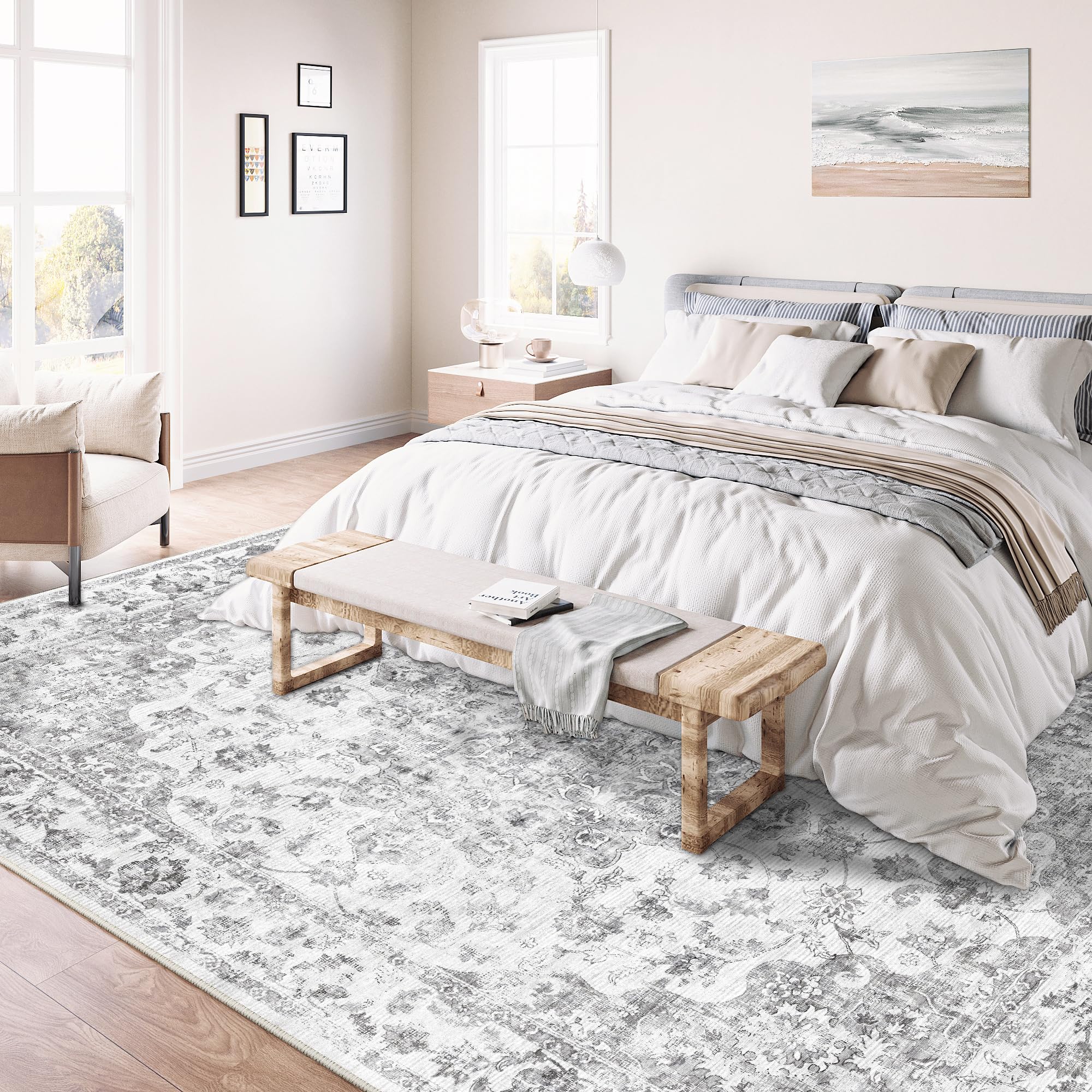 HUGEAR Vintage Rugs Living Room Grey Large Area Rug 120x170cm Non Slip Washable Hall Lounge Bedroom Kitchen Office Dining Room Indoor Carpet Low Pile Big Carpets - Image 3