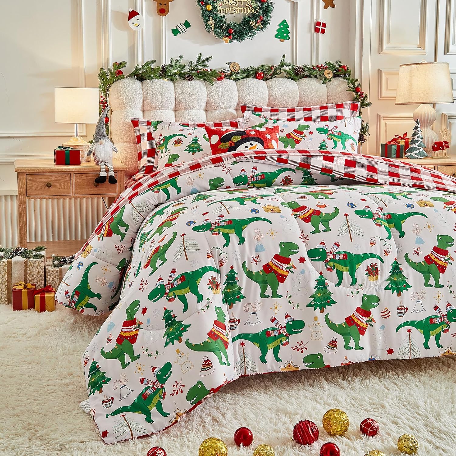 Christmas 7 Pieces Queen Comforter Sheet Set Bed in a Bag Holiday New Year Style - White Green Dinosaurs and Tree Snow - Red Plaid Gingham Bedding Set with Comforters, Sheets, Pillowcases & Shams