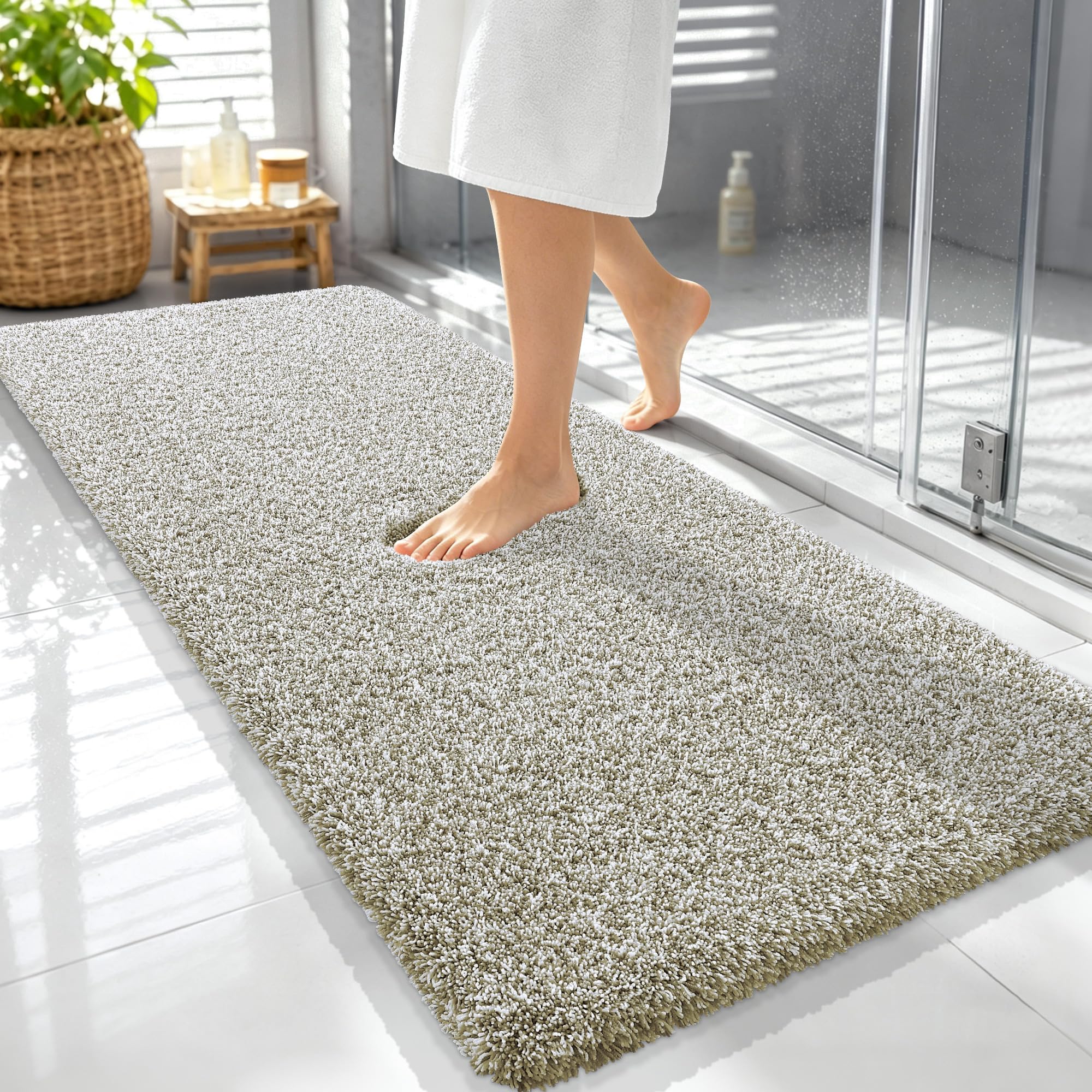 OLANLY Microfiber Bathroom Rugs 59x24, Quick Dry Mat, Moss Green and White