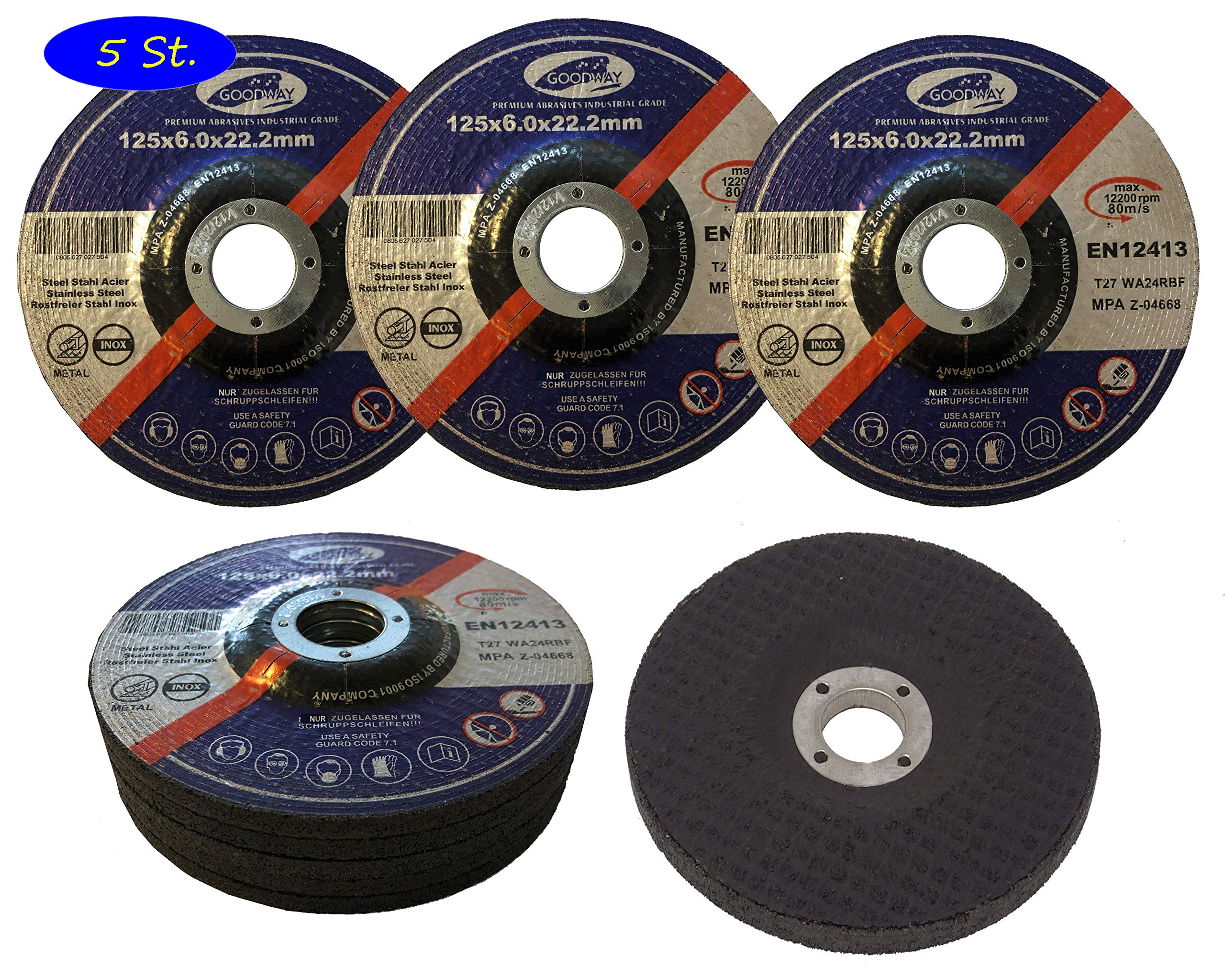Goodway Schruppscheiben Set │ 5 Stück │ Ø 180 x 6.0 mm │ Profi-Schleifscheiben für Stahl & Metall │ Für Winkelschleifer