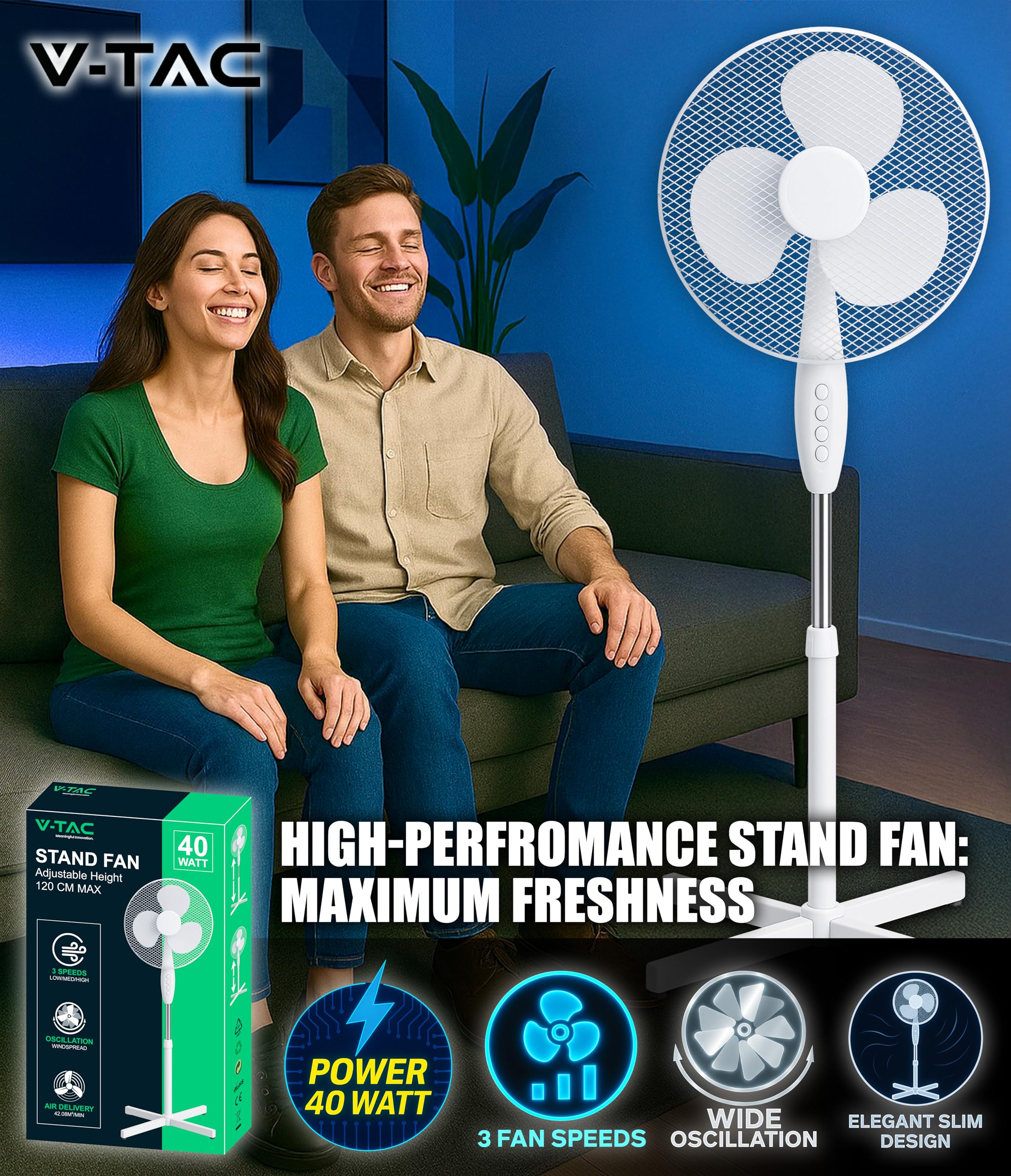 V-TAC Ventilatore a Piantana 40W - Potente Flusso d'Aria - Design Elegante - 3 Velocità - Altezza Regolabile (Max 120cm) - 3 Pale Rotanti - Oscillazione e Inclinazione Regolabili - Bianco