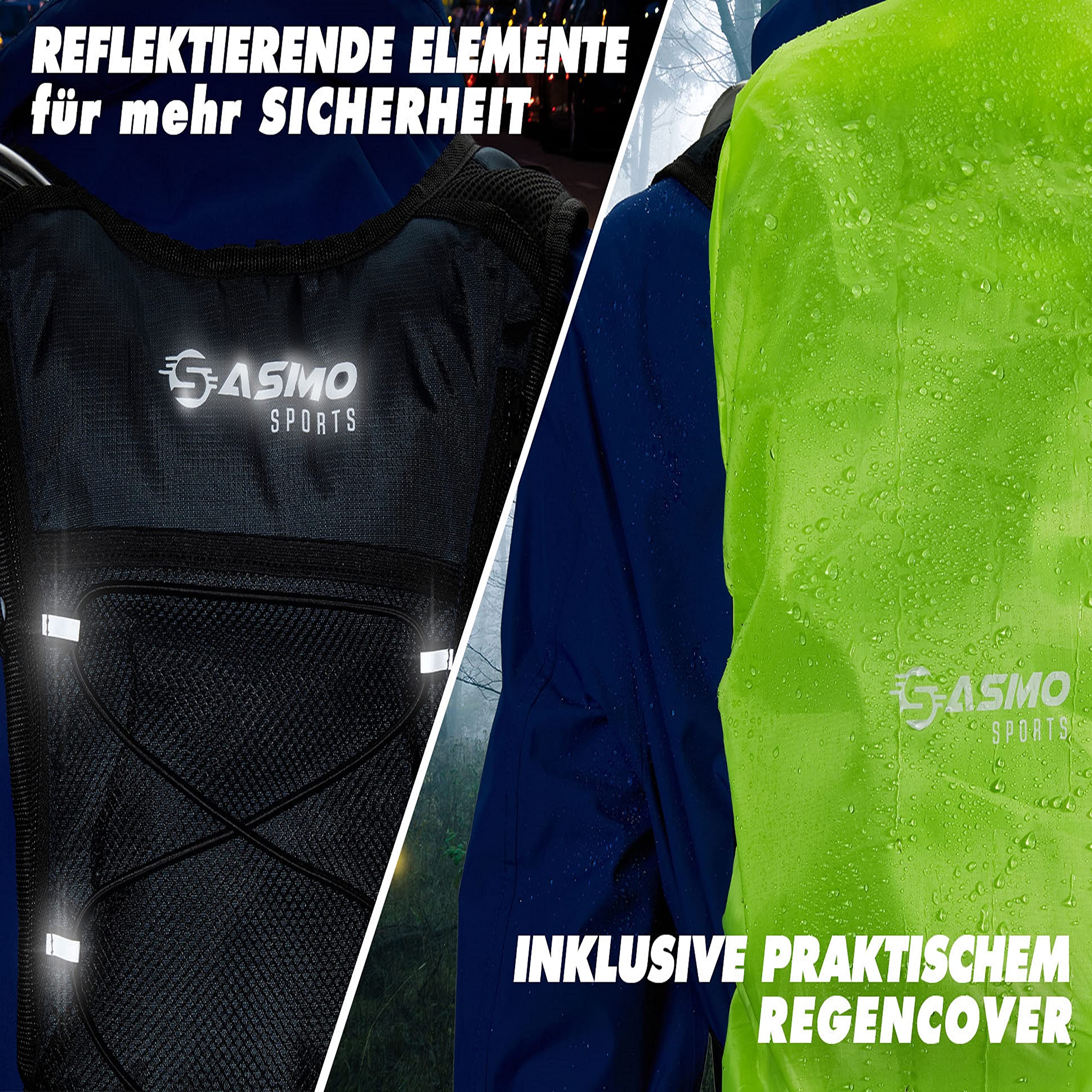 SASMO Sports Ultralekki plecak do biegania o pojemności 6 l (300 g) – plecak do biegania w terenie, z izolowaną kieszenią na butelkę wody i osłoną przeciwdeszczową, dla mężczyzn i kobiet, niebieski
