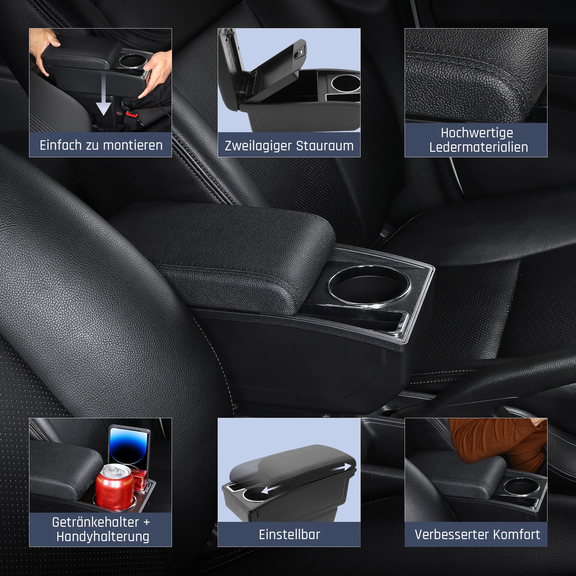 Auto Armlehnen für Fiat 500 2012-2026 Mittelarmlehne | Zweistufiger Stauraum, Mit Getränkehalter, Einfache Montage, PU-Leder,Gilt nur für Bestimmte Modelljahre, Schwarze Nähte