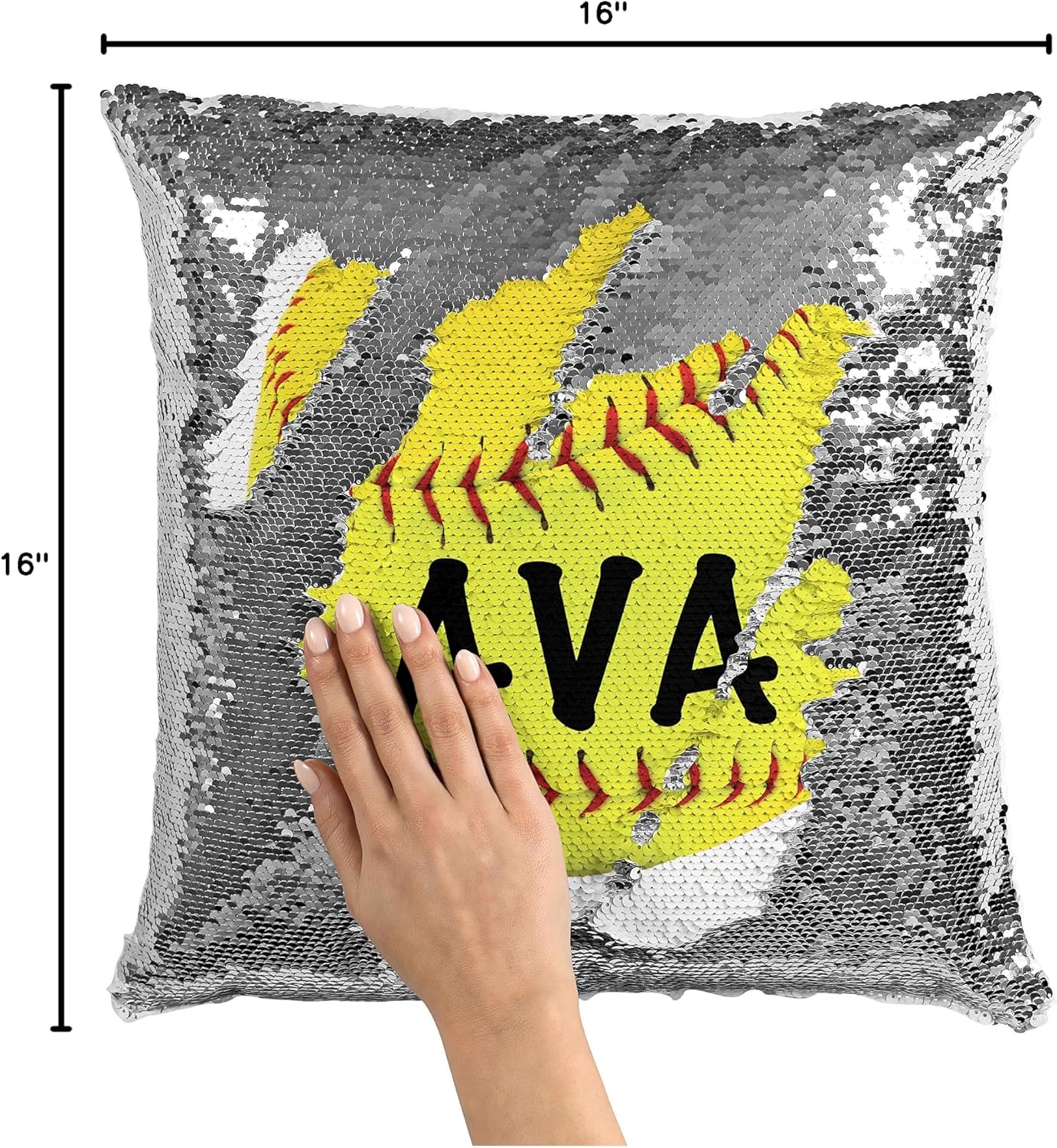 Violet Victoria & Fan Star Personalized Softball Sequin Mermaid Flip Pillow (Silver Sequins)