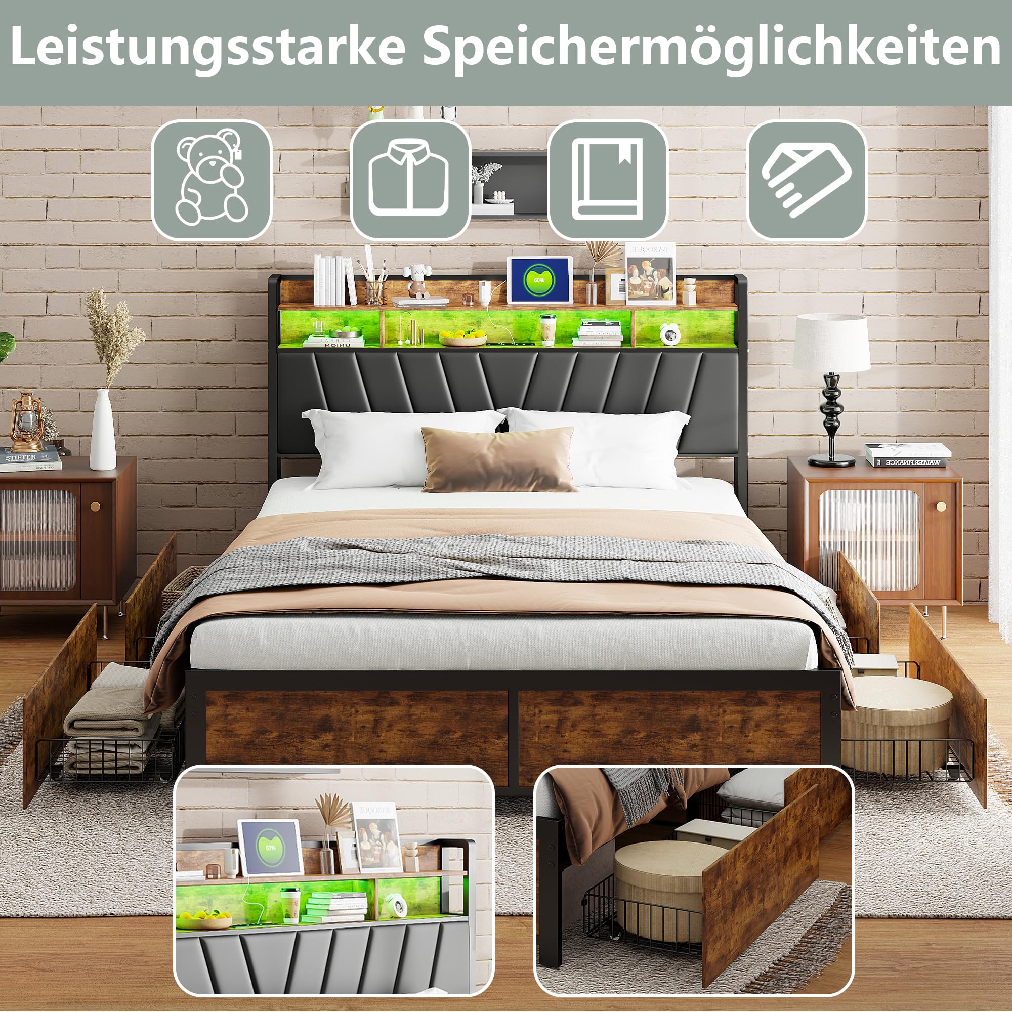 Cama tapizada de metal de 180 x 200 cm, marco de cama con cuatro cajones e iluminación LED, marco de cama doble de metal con somier, cama juvenil para dormitorio, habitación de invitados, sin colchón,