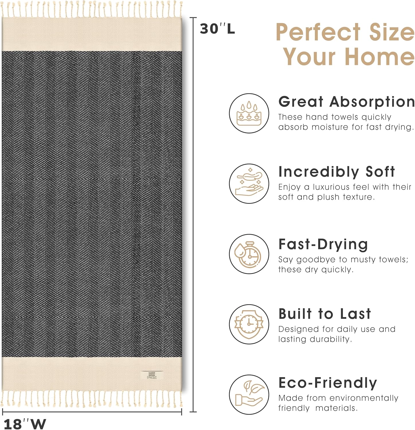 Turkish Hand Towels - Set of 2 | 18" x 30" Decorative Boho Guest Bath Towel for Bathroom, Kitchen, Face, Hair, Tea, Dishcloth (Herringbone, Anthracite) - Image 3