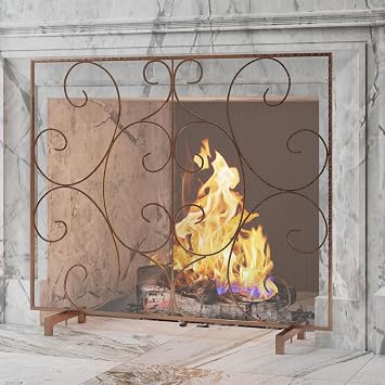 Kingson Single Panel Decorative Flat Fireplace Screen Stand Alone Cover Handcrafted Durable Metal Mesh, Heat-resistant Free Standing Firepalce Spark Guard Mesh 37.8"L x 8.8"W x 30.7"H Antique Bronze