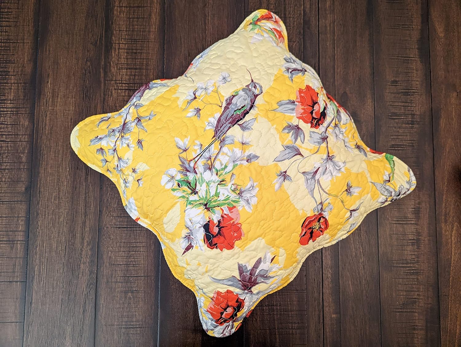 DaDa Bedding Set of 2-Pieces Sunshine Birds Yellow Floral Throw Pillow Covers - Radiant Farmhouse Hummingbirds Botanical Garden - Quilted Scalloped Multi-Colorful Red Flowers - 18" x 18" - 2-Pack