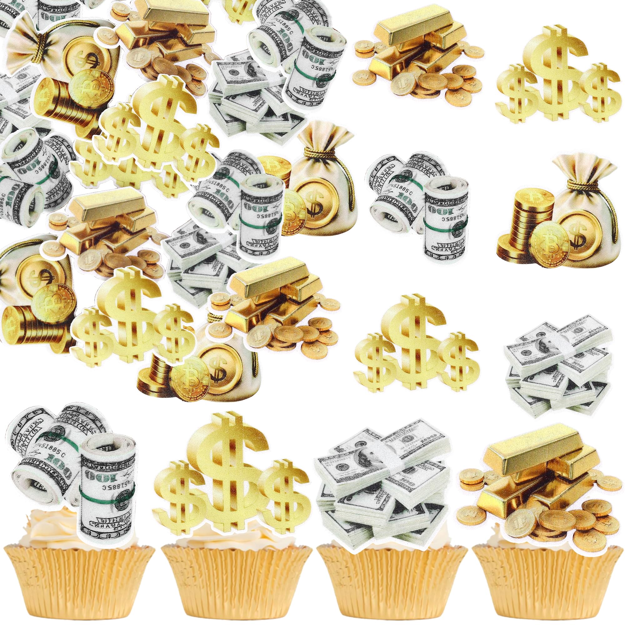 SYKYCTCY 60 Pack Edible 100 Dollar Bill Cake Cupcake Toppers Small Edible Money Cake Topper Edible Money Image Wafer Paper Cake Decorations Precut Fake Money for Birthday Party Supplies โ image 1