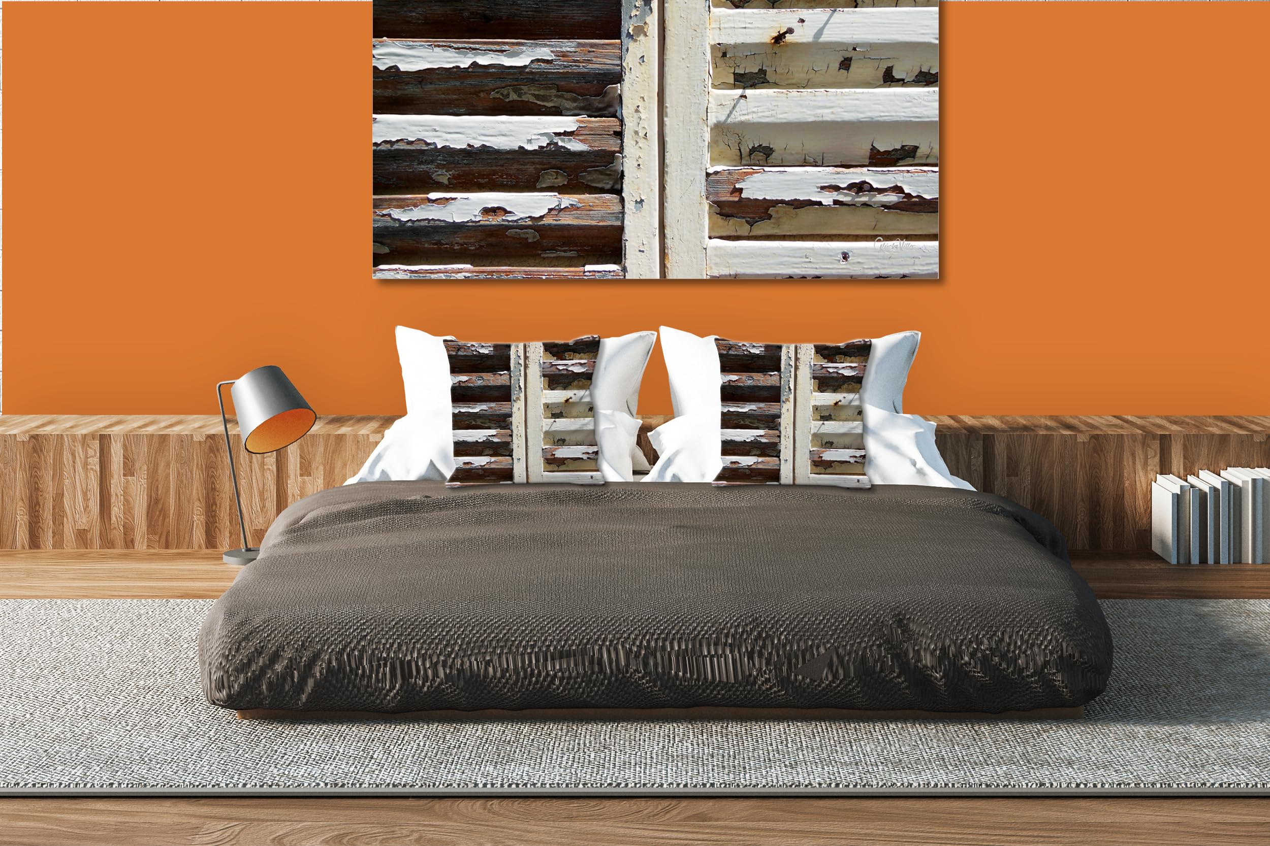 Fensterladen - Foto-Kissen-Hülle Set (2 STK.) 40 x 40 cm | Kissen-Bezüge - passend zu Wandbild - Deko-Kissen - Holz Struktur Wand Tür