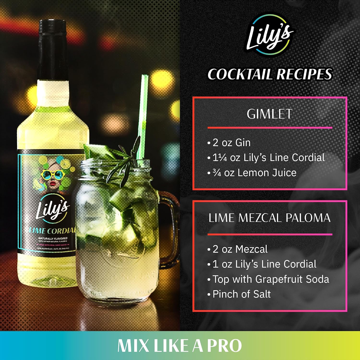 Lily’s Mixers Lime Syrup for Cocktails – Our Large 32 oz Bottle of Zesty Lime Cordial Drink Mixer Makes up to 64 Drinks - Works Great for Cocktails, Mocktails & Margaritas (Zesty Cordial, 2 Pack)