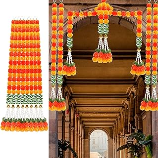 8PCS Diwali Decorations Artificial Marigold Garland for Home, Marigold Long Strands with Bells and Leaves for India Wedding, Pooja Decor, Marigold Flowers for Day of The Dead Halloween Christmas