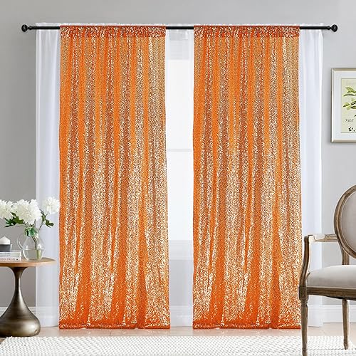 2×8FT-2PCS Orange Sequin Backdrop Curtains Panels, Photography Backdrop Glitter Curtains Fabric Background for Christmas Wedding Party Decor