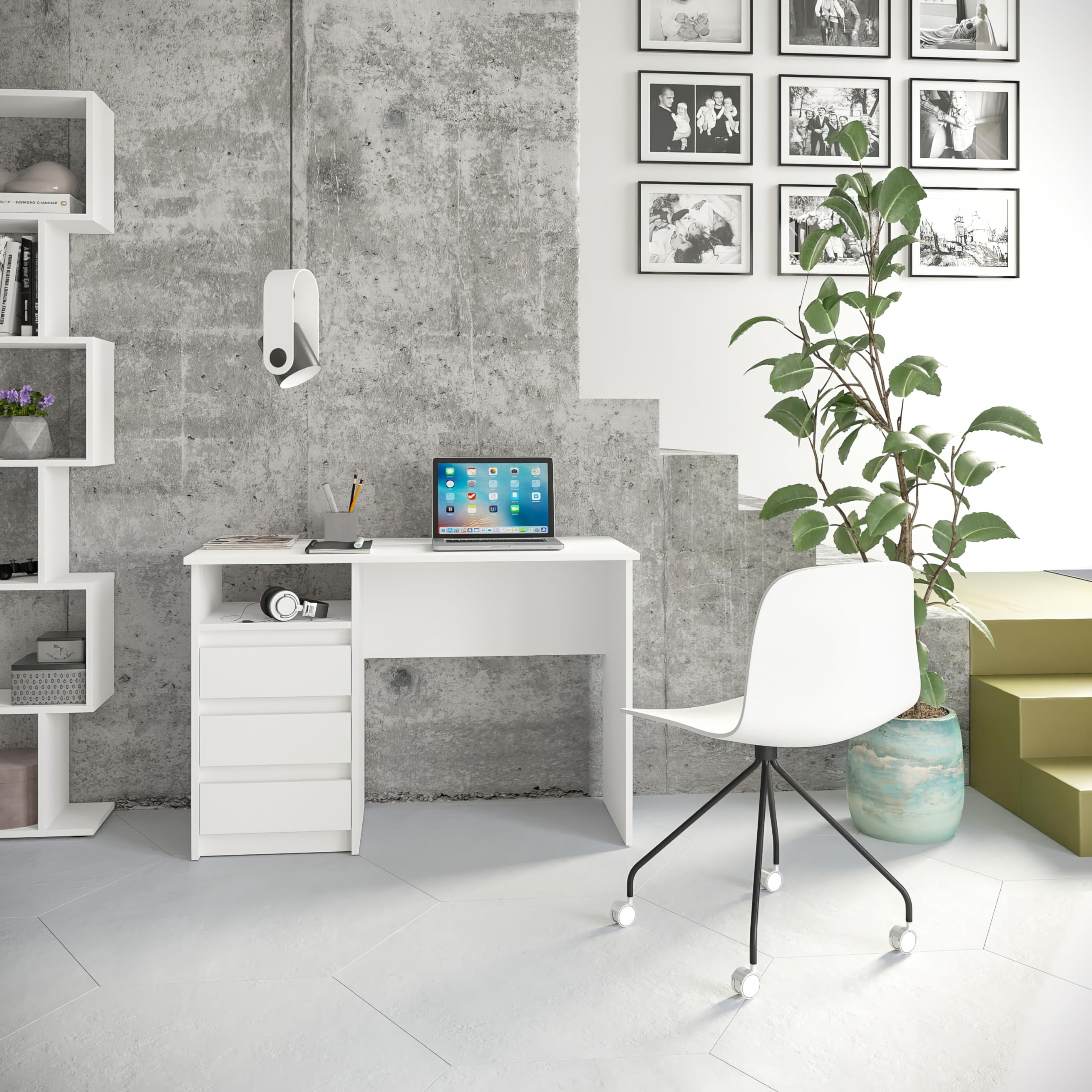 Komto Bureau avec Rangement – Modèle Blanc avec 3 Tiroirs, Idéal pour Chambre Ado ou Espace de Travail, Style Moderne | Oslo 110 x 50 x 74 cm