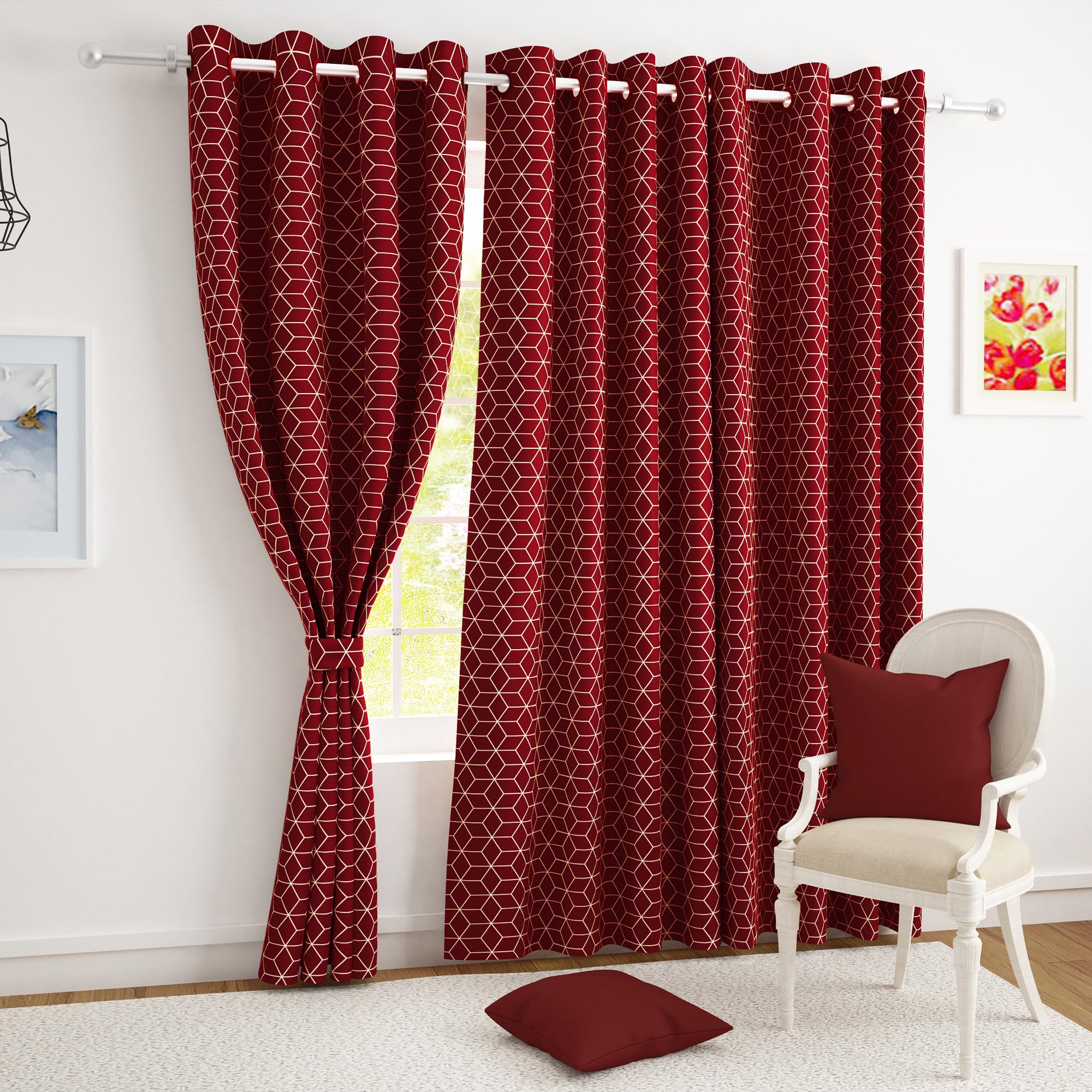 Story@Home Blackout Window Curtains 5 Feet Long Set of 2 Room Darkening Curtain Hexagon Print Opaque Room Darkening Curtain for Living Rooms, Bedrooms, Halls, 116 x 152 cm, Maroon, 100% Opacity