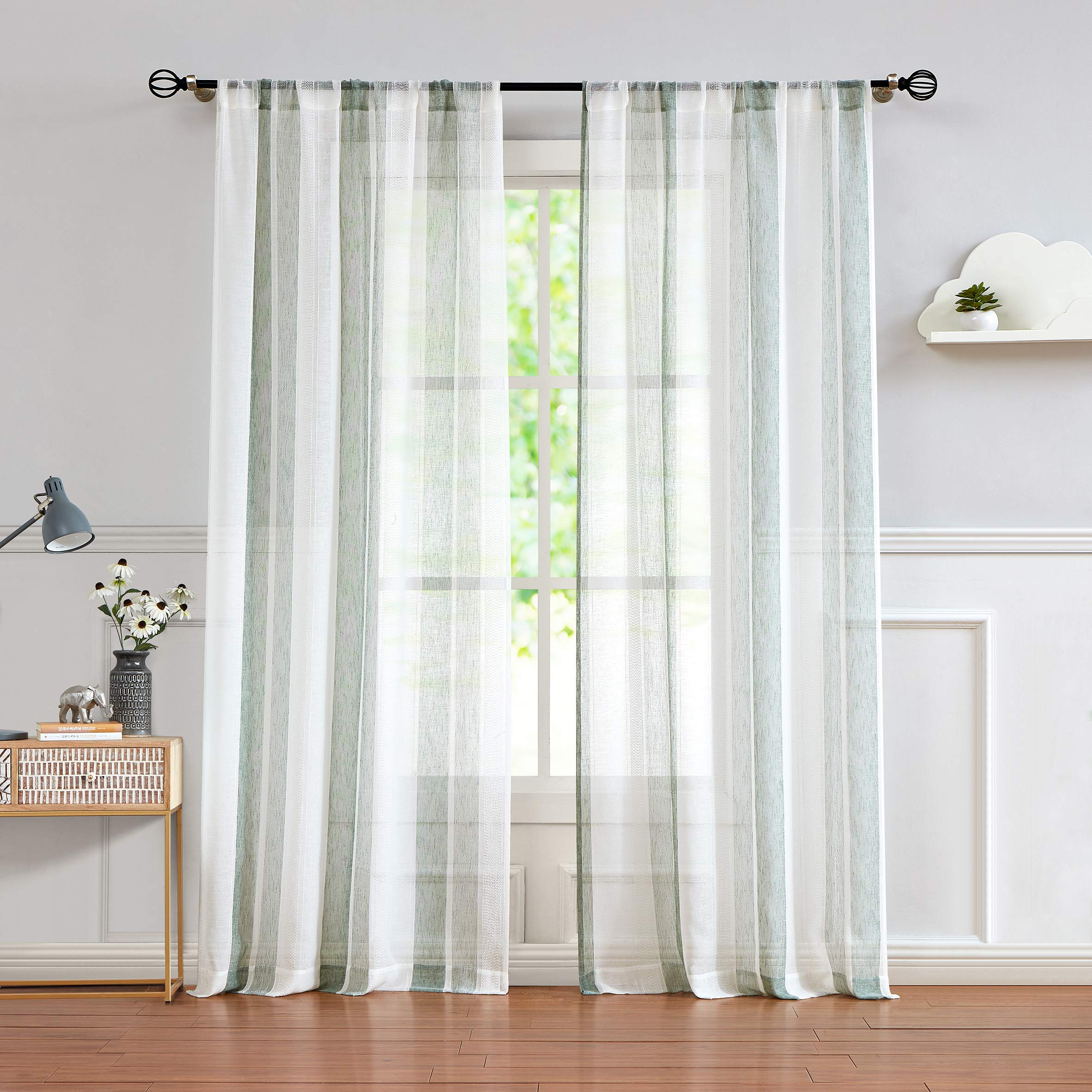 Central ParkSheer Sage Green and White Stripe Farmhouse Curtains Boucle Linen Window Curtain Panel Pairs Yarn Dyed Woven 54 Inches Long for Living Room Bedroom 2 Pack Rod Pocket Rustic Living Panels