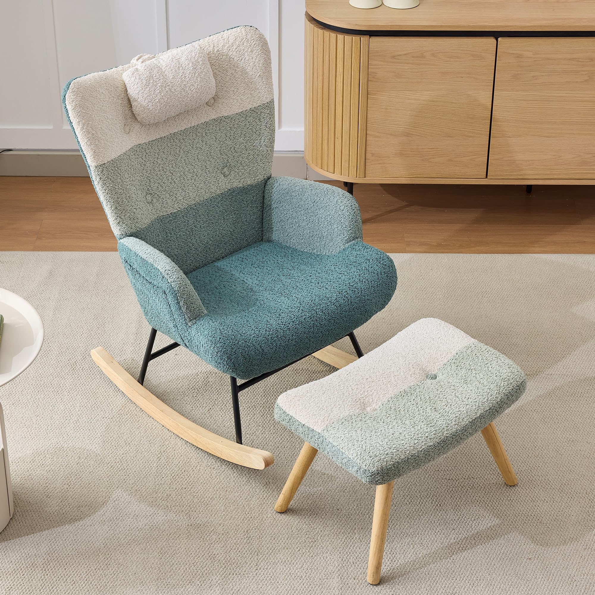 Boucle fotel bujany, w kolorowe paski patchworkowe, nogi z drewna gumowego, stelaż z natryskiwanego żelaza, fotel do salonu, sypialni z podnóżkiem