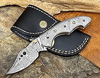 Vista 12 de Cuchillo de Bolsillo de Acero de Damasco para Hombres con Funda de Cuero, Cuchillos de Caza Plegables Hechos a Mano de 7 Pulgadas, Mango - Cuchillo