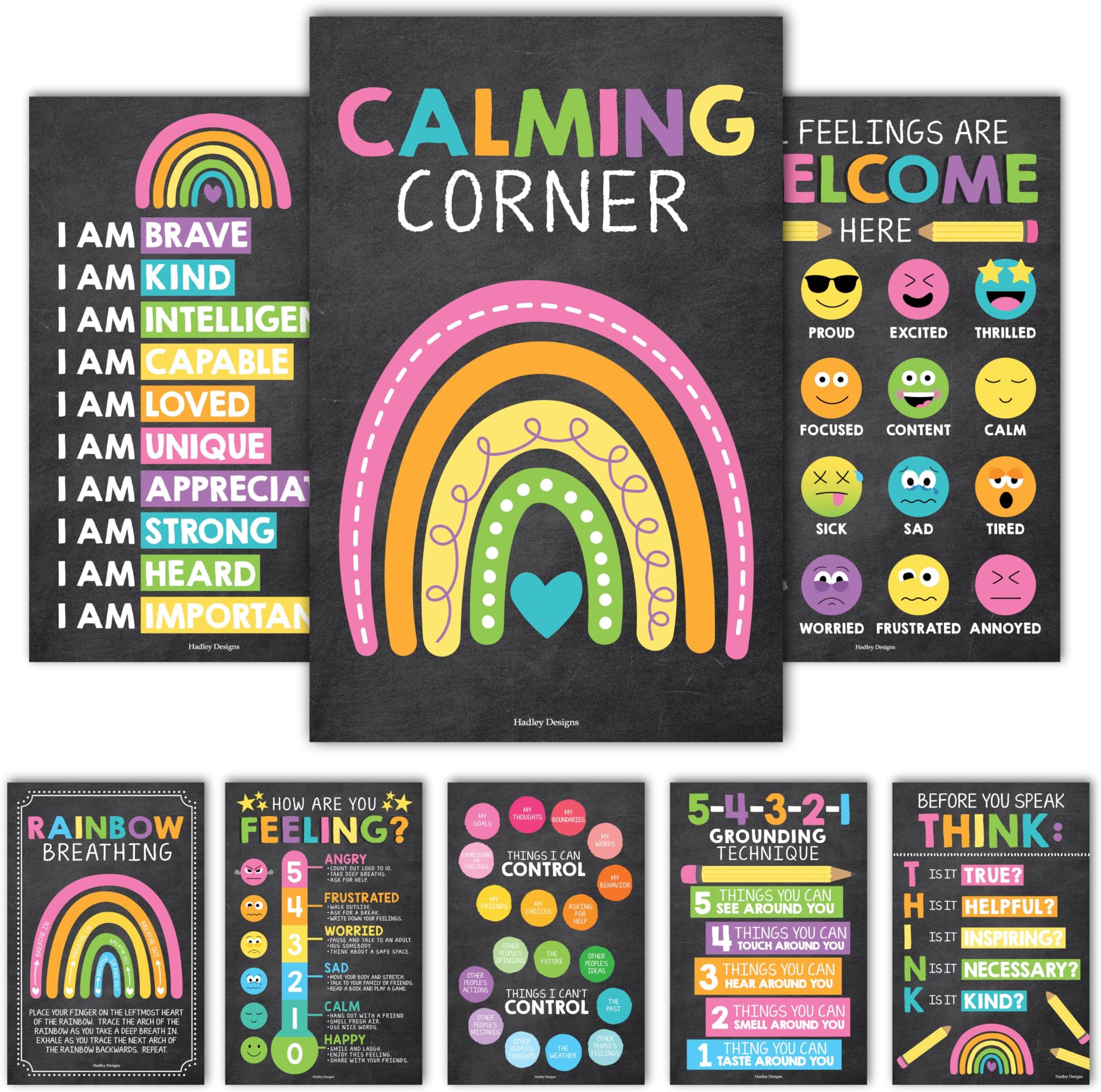 Hadley Designs 8 Calming Corner Posters for Classroom Must Haves -Calm Down Corner Supplies with Emotion Chart,School Counselor Mental Health Poster,Feelings Chart For Kids, Chalkboard Classroom Decor