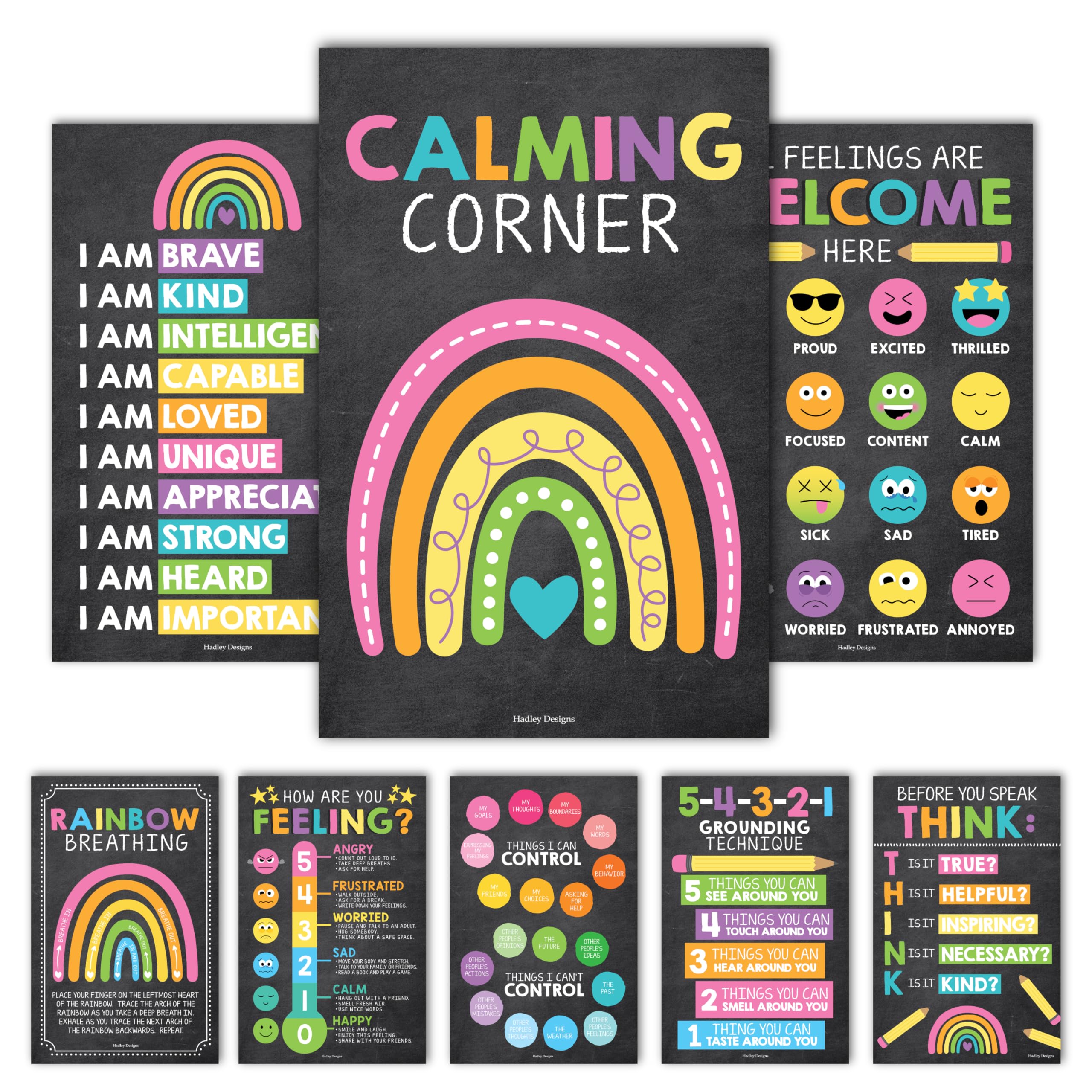 Hadley Designs Calming Corner Posters for Classroom Decor -8 Calm Down Corner Supplies Classroom Must Haves, 11x17 Feelings & Emotions Chart for Kids, Chalk Mental Health Posters for School Counselors