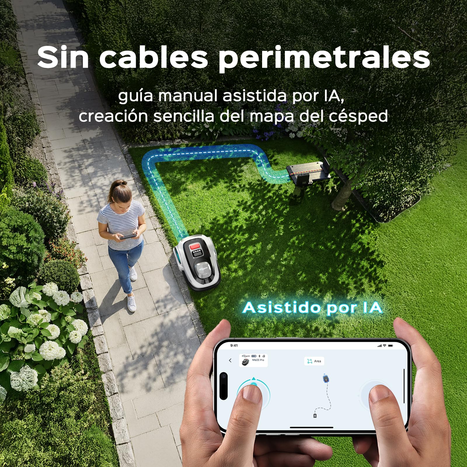 YARDCARE N1600PRO Robot Cortacésped sin Cable Perimetral, hasta 1600 m², Navegación RTK con Reconocimiento 3D del Entorno, Detección de más de 300 Obstáculos, Control por App, Carga Automática
