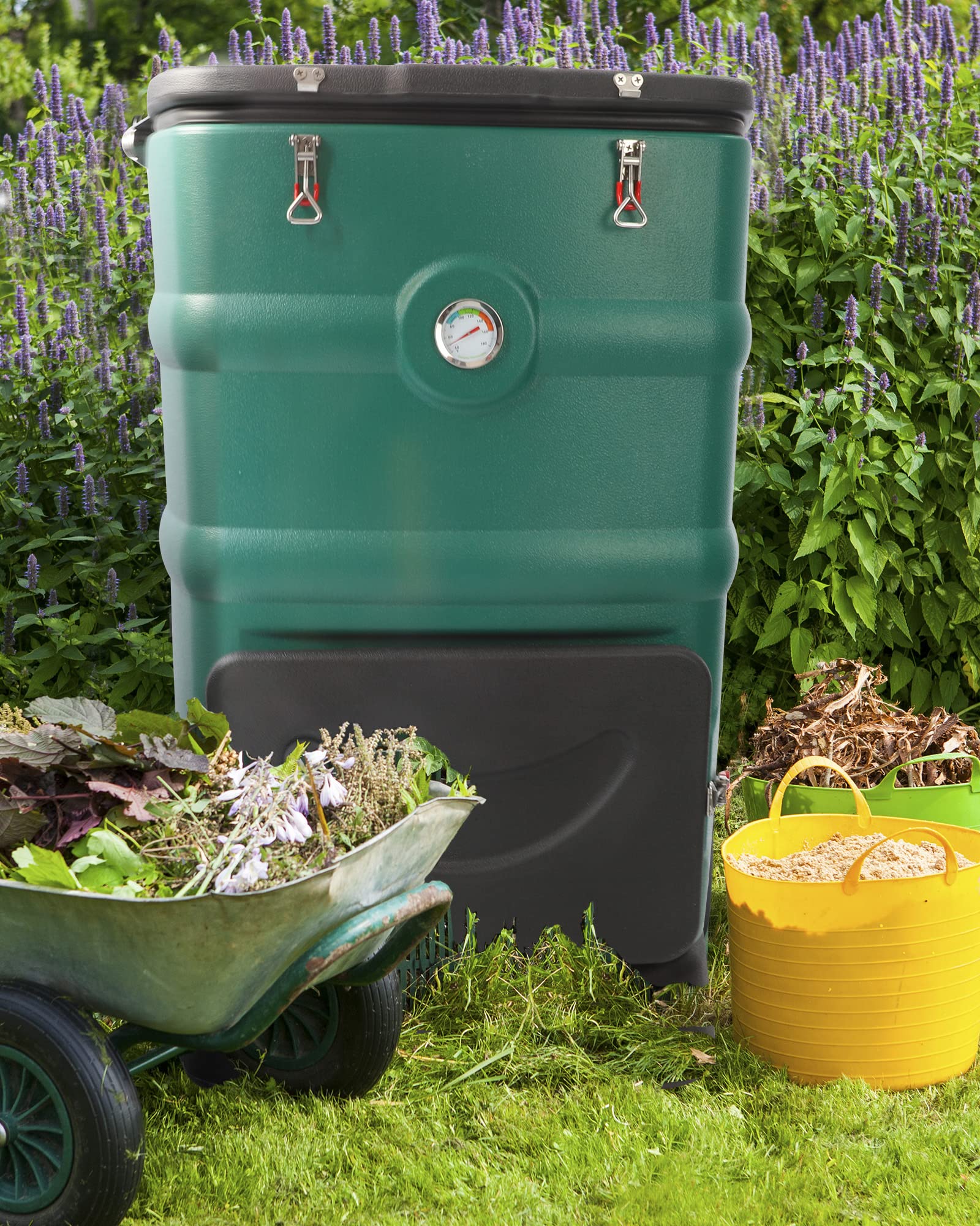 Contenedor de compostaje aislado con sistema de ventilación, compostaje rápido durante todo el año, un depósito en la parte inferior para recoger el lixiviado (verde) 7