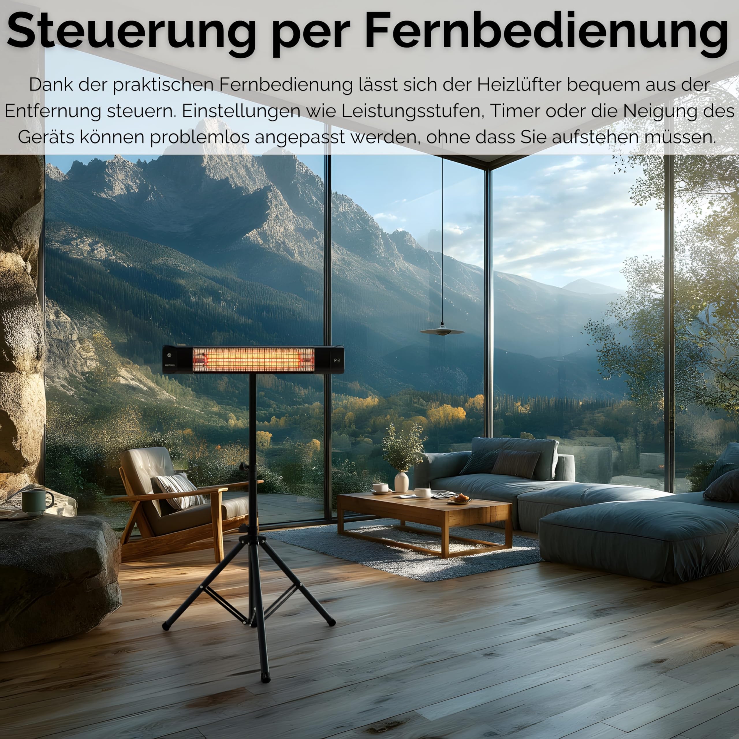 Echos® Karbon Infrarot Heizstrahler 1500W langlebiges Carbon-Heizelement – Terrassenheizer elektrisch für Balkon, Wintergarten & Innenbereich, Standfuß oder Wandmontage, 3 Stufen, Timer, Fernbedienung