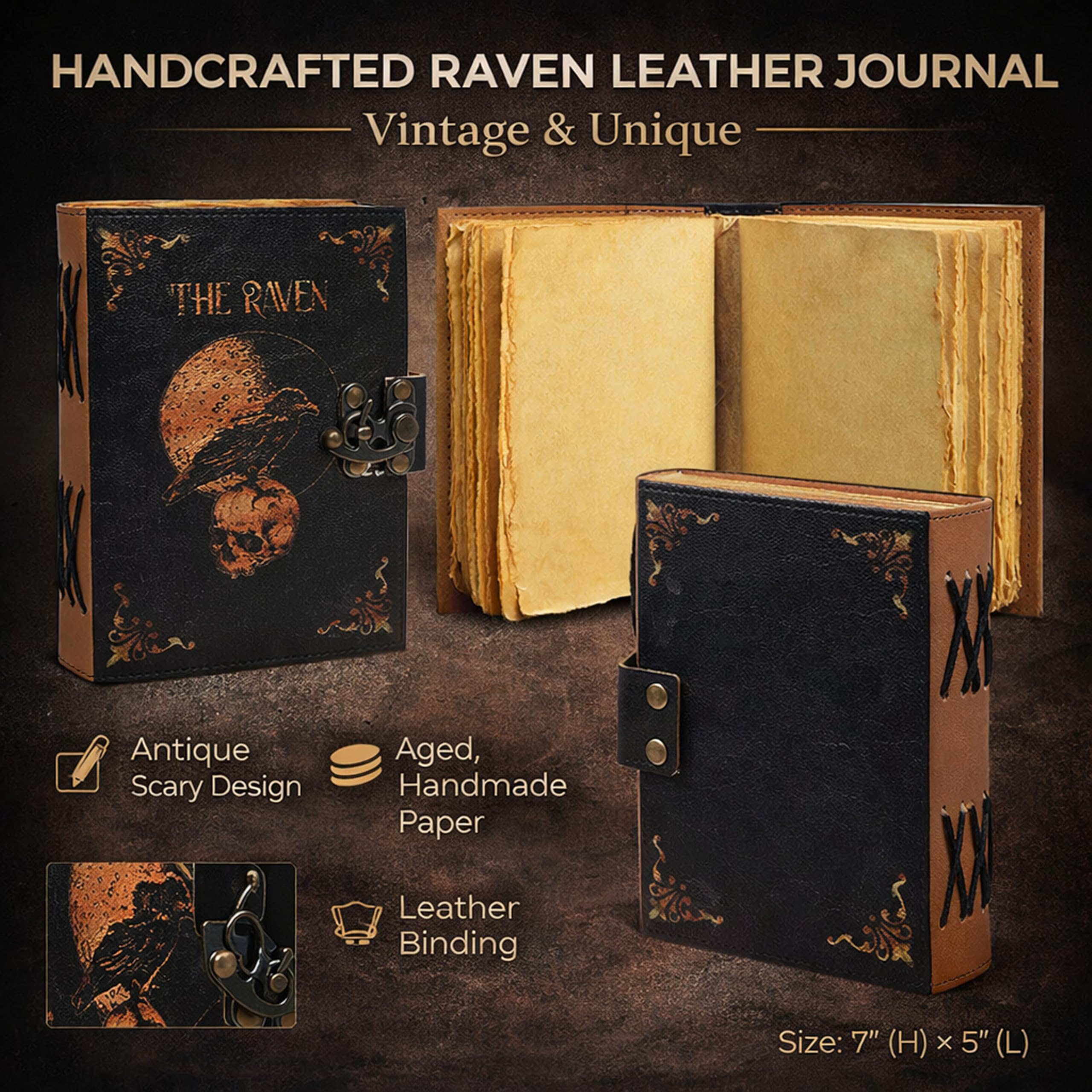 Diario gotico in pelle con teschio di corvo magico, diario a spirale con corvo, diario di grimorio, stregoneria, magia, ideale per gli amanti di Halloween e corvi, diario estetico in pelle per uomini