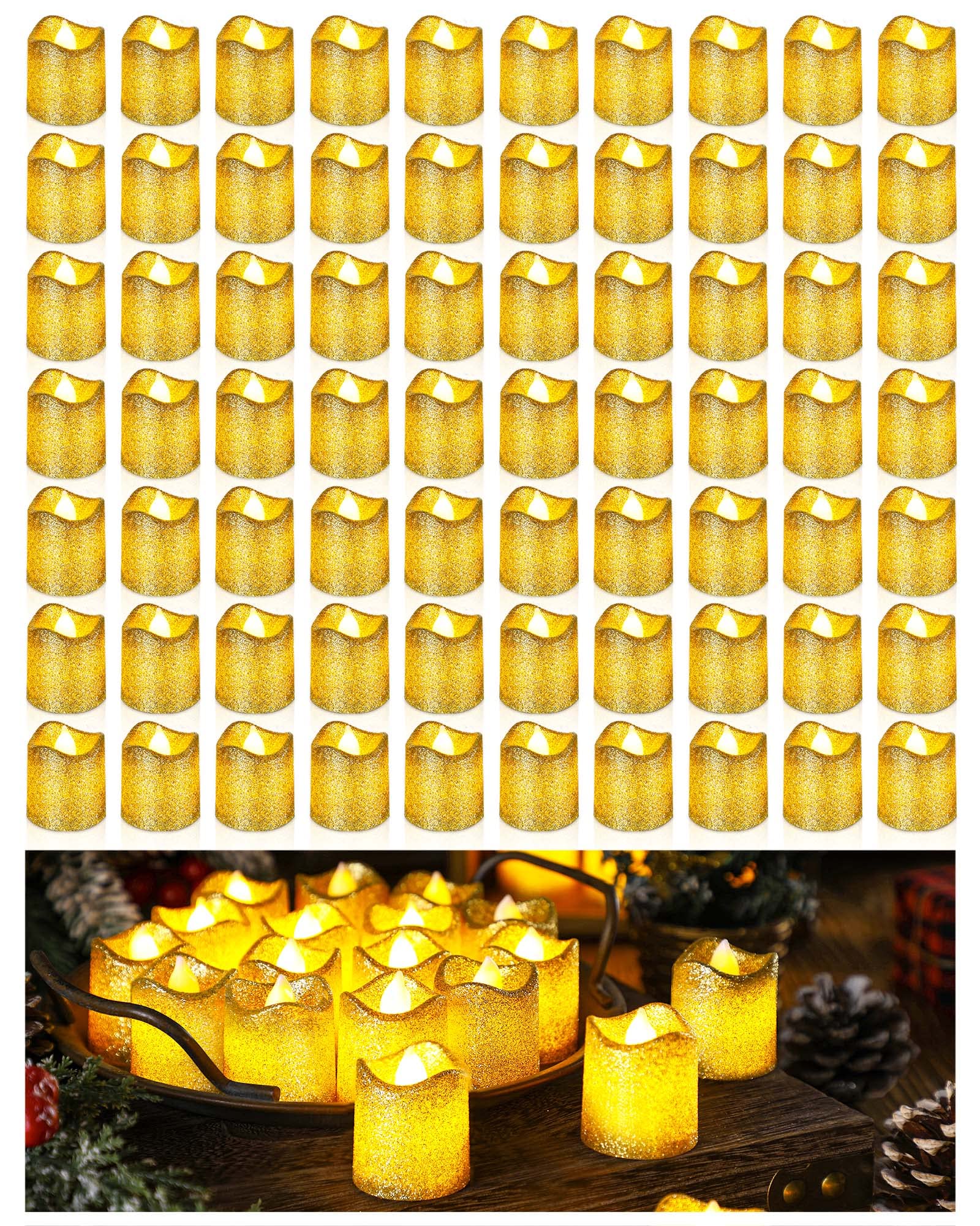 Fumete 72 Pcs Wedding Glitter Flameless Votive Candles Battery Operated Fake LED Tea Lights for Wedding Centerpieces Table Decorations for Wedding Centerpieces Valentines Birthday Party(Gold)