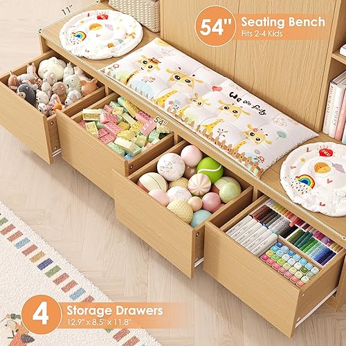 Miniatura 4 de HIFIT Estantería 4 en 1 para niños y organizador de almacenamiento de juguetes con banco, estantería de rincón de lectura para niños con 4 cajones