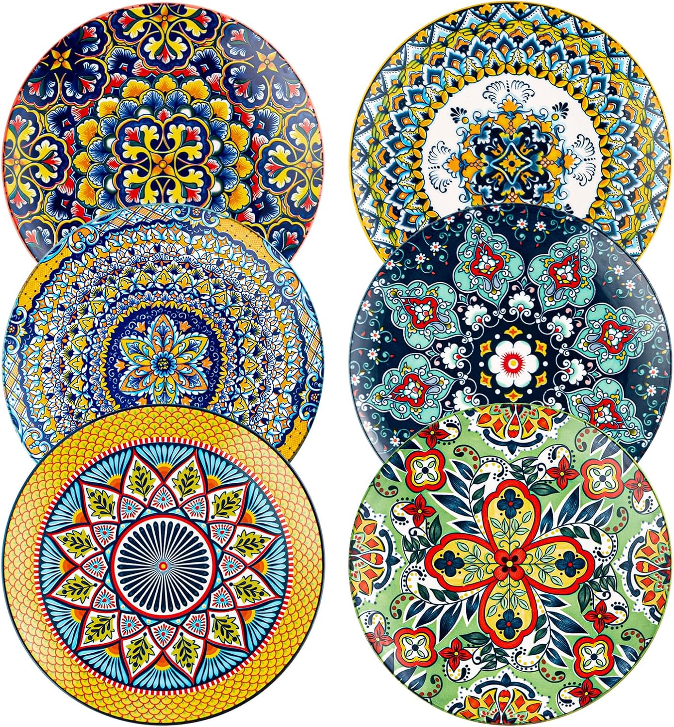 HENXFEN LEAD Ceramic Dessert, Salad Plates 8.5 Inch, Small Dinner Plate Set of 6- Serving Dishes for Thanksgiving & Christmas, Dishwasher & Microwave Safe - Bohemian Style