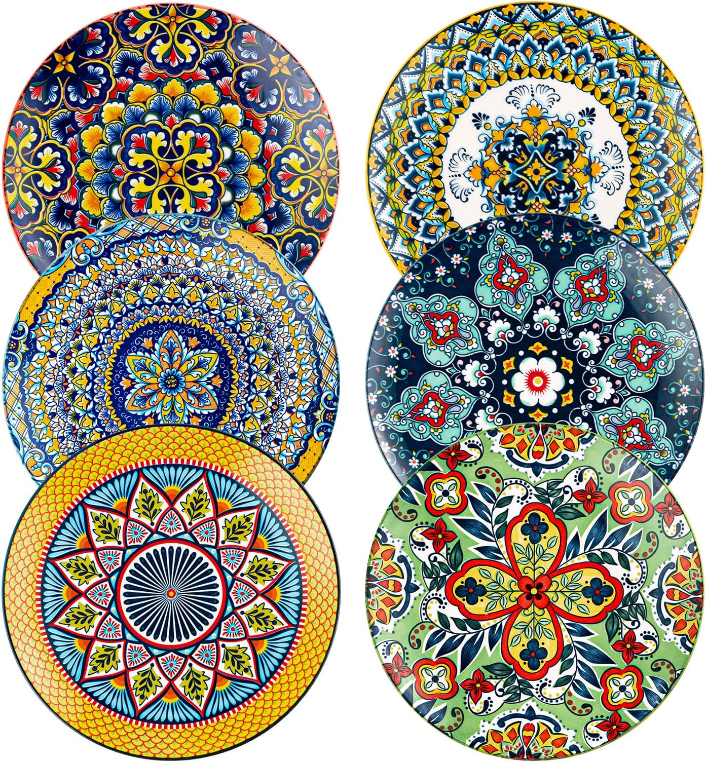 HENXFEN LEAD Ceramic Dessert, Salad Plates 8.5 Inch, Small Dinner Plate Set of 6- Serving Dishes for Thanksgiving & Christmas, Dishwasher & Microwave Safe - Bohemian Style