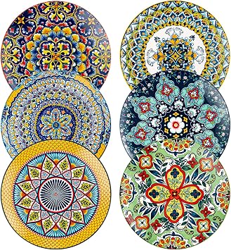 HENXFEN LEAD Ceramic Dessert, Salad Plates 8.5 Inch, Small Dinner Plate Set of 6- Serving Dishes for Thanksgiving & Christmas, Dishwasher & Microwave Safe - Bohemian Style