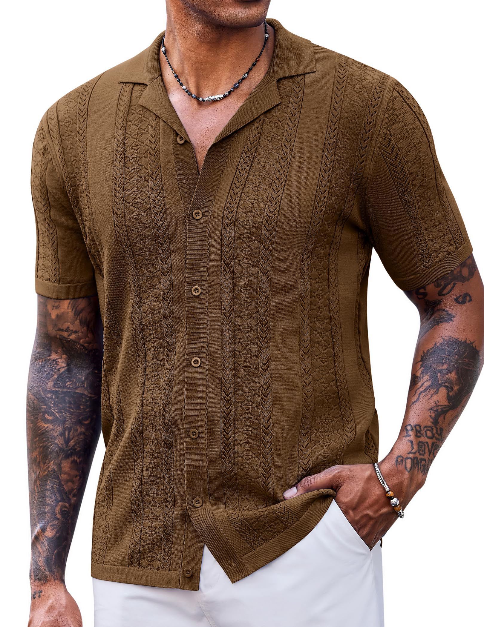 COOFANDY Men's Knit Shirts Vintage Short Sleeve Button Down Shirt Casual Summer Beach Shirt