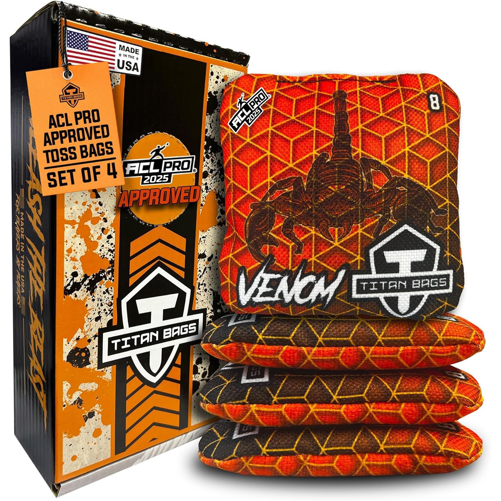 Titan Bags Venom Cornhole Bags - 6" x 6" ACL PRO Approved Cornhole Bean Bags for Tournaments - Versatile & Durable Regulation Cornhole Bags Ideal for Indoor/Outdoor Toss Sports & Games (4 Pack)