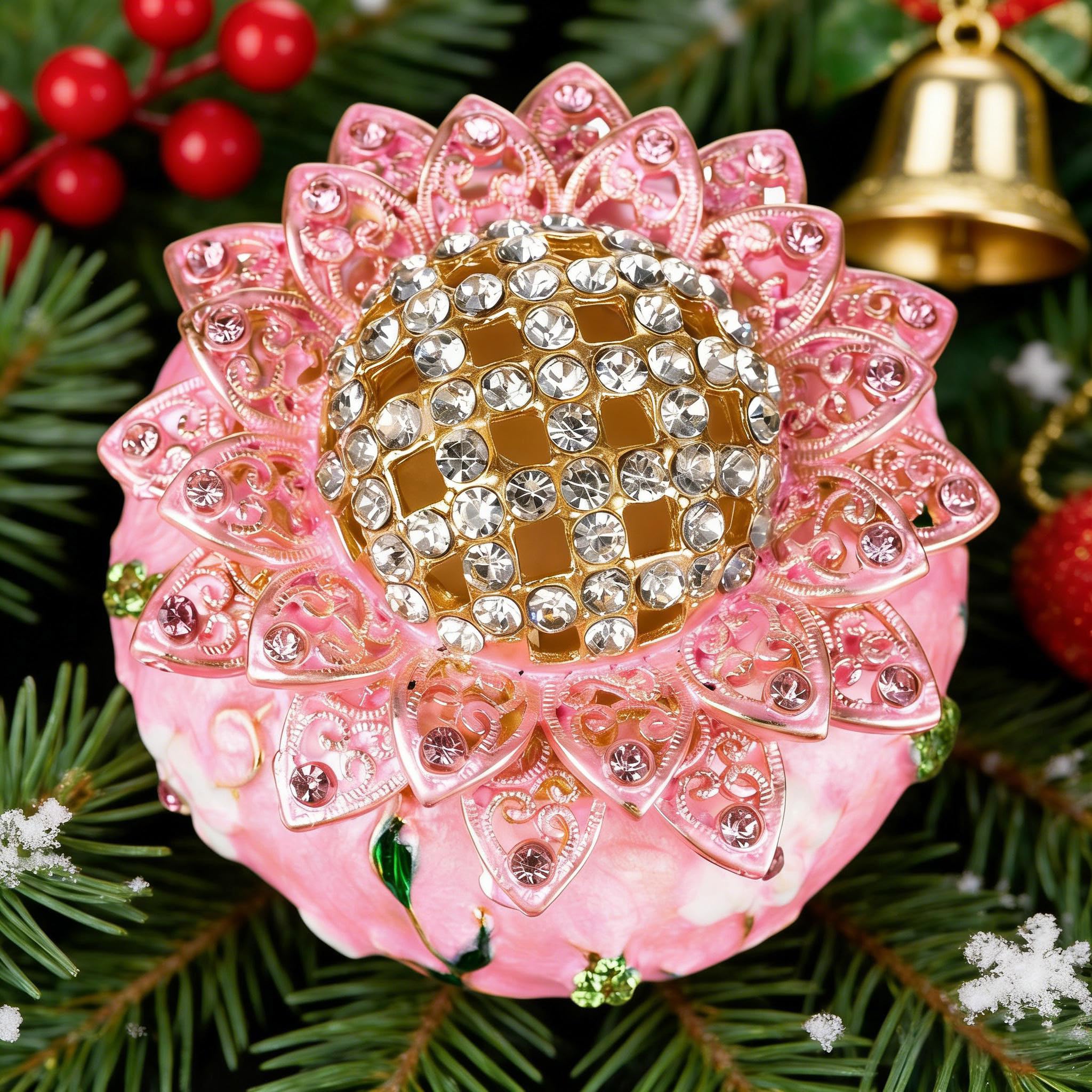 SEVENBEES Pink Enamel Sunflower Jewelry Box with Rhinestones - Exquisite Decorative Floral Trinket Box Storage for Trinkets & Gifts for Jewelry Lovers Christmas Decorations