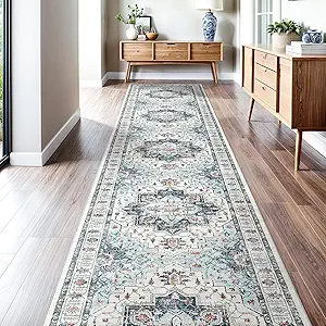 Madane Hallway Runner Rug 2'6''x14' Kitchen Runner, Non Slip Vintage Runners for Hallways Washable Kitchen Rugs Soft Low Pile 2.5x14 ft Rug Runner for Laundry Room, Entryway and Bedroom, Blue