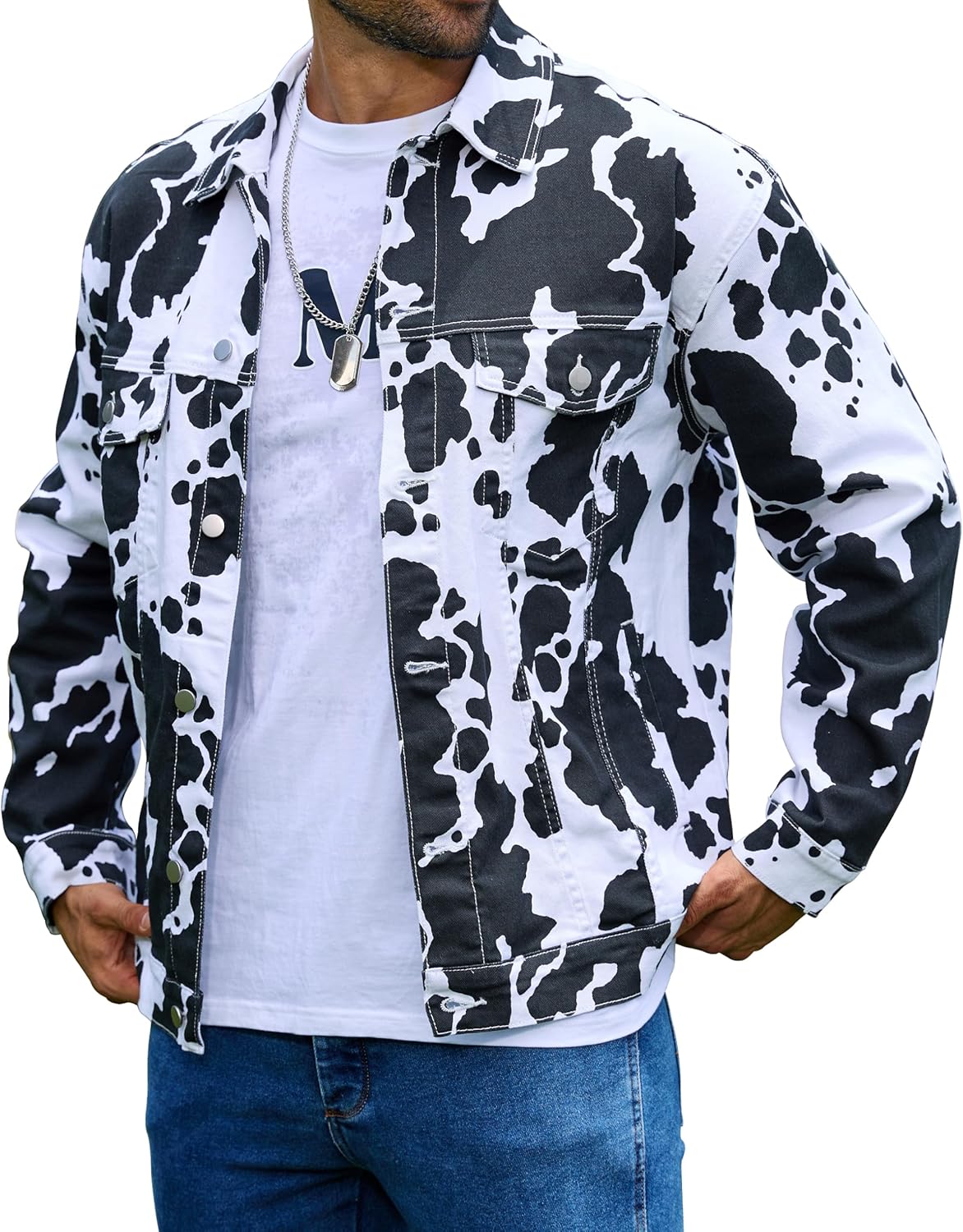 Cow Print Trucker Jacket for Men Western Cowboy Unlined Coats Cute Animal Tops Holiday Gifts