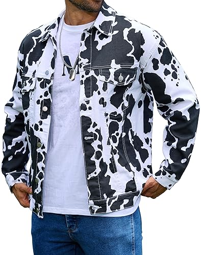 Cow Print Trucker Jacket for Men Western Cowboy Unlined Coats