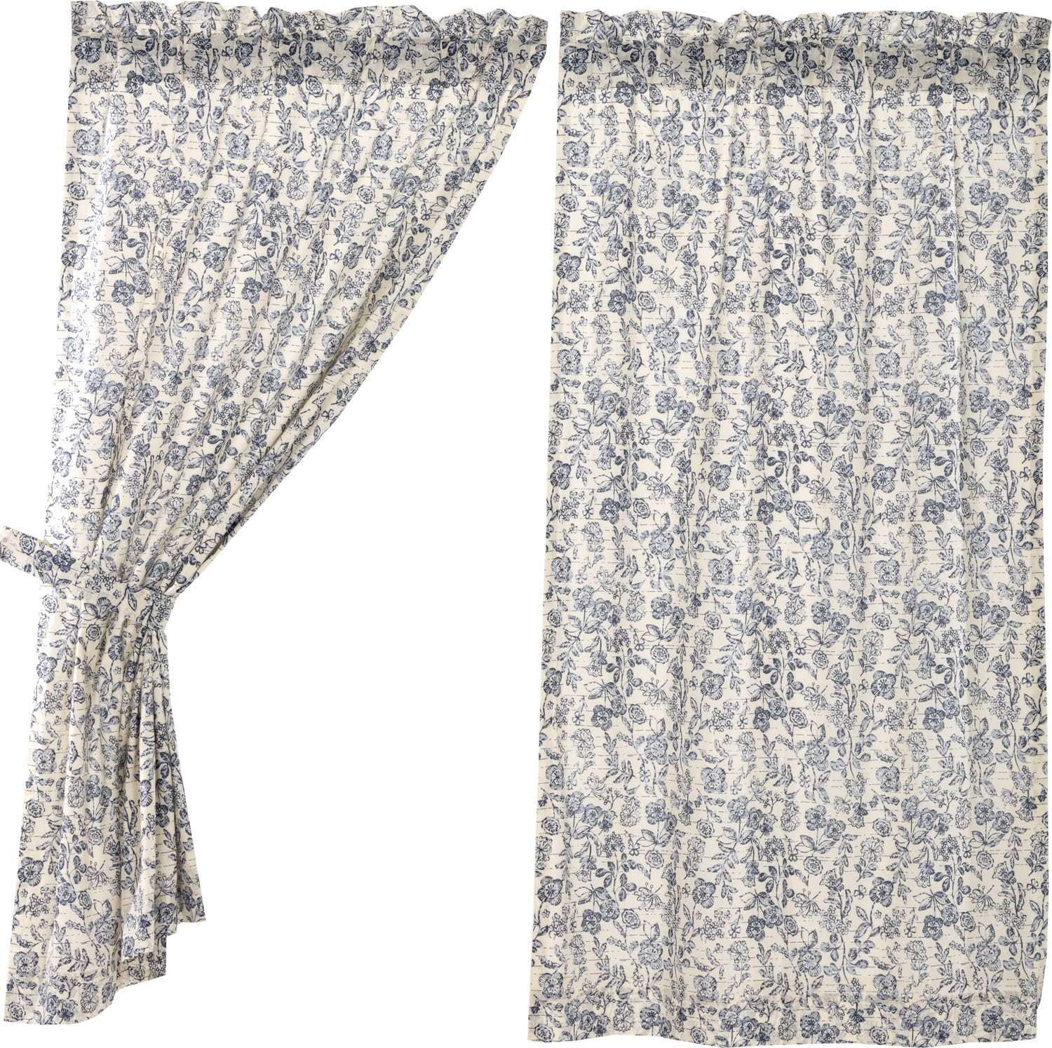 Piper Classics Doylestown Blue Floral Panel Curtains, Set of 2, 63" Long, Blue & Cream Flower Print, Vintage Farmhouse, Country Cottage Window Treatment