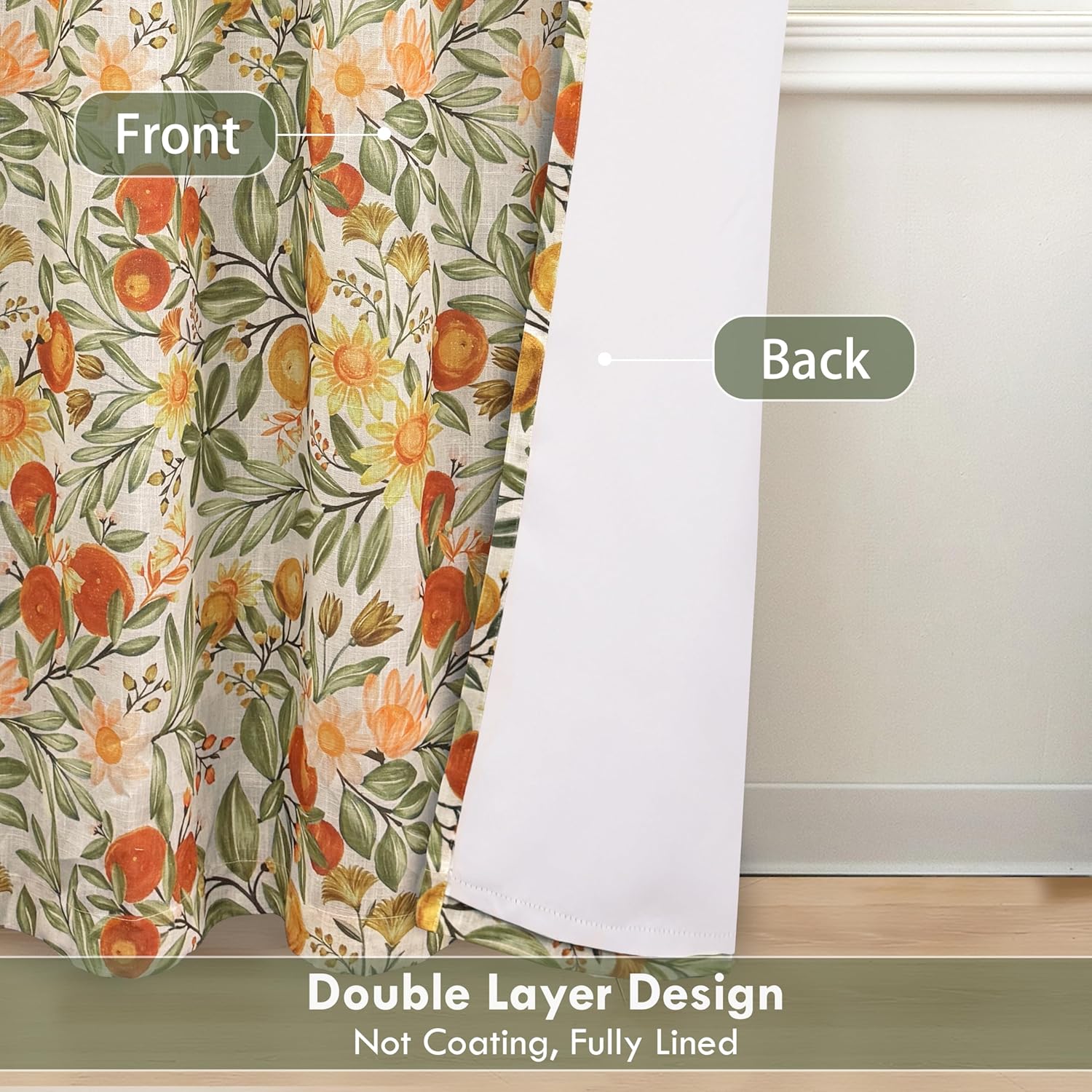 DriftAway Orange Harvest Floral Linen Blackout Curtains Double Layer Thermal Insulated Autumn Fall Printed Patterned Vintage Grommet Lined Drapes for Living Room 2 Panels 90 Inches Orange Coral Gold